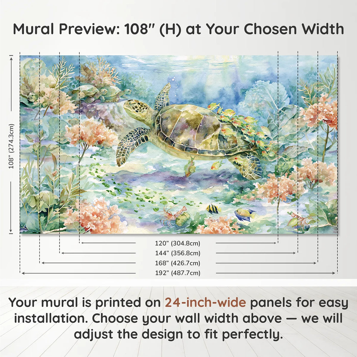 Panel layout and dimensions for The Turtle Shell Wash Wallpaper Mural by Whimsy Tots