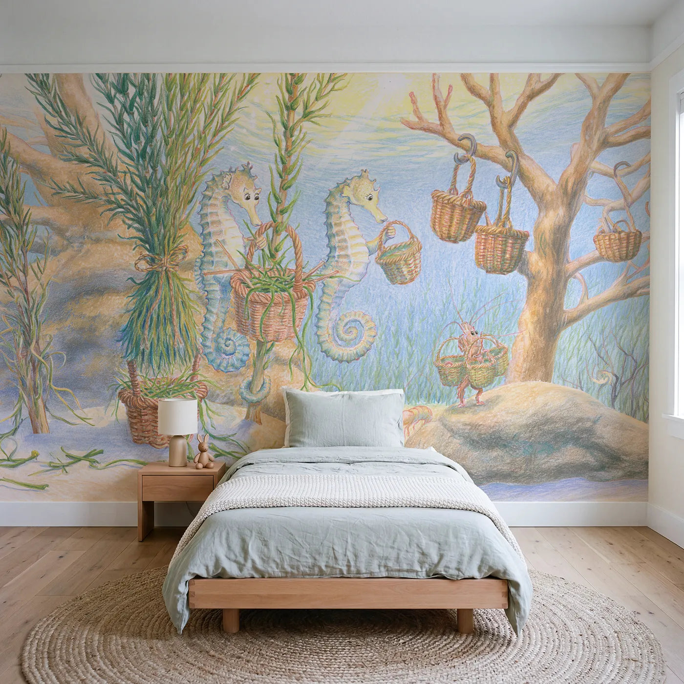 Colored Pencil seahorses weaving seagrass baskets, wall mural for a big-kid bedroom by Whimsy Tots