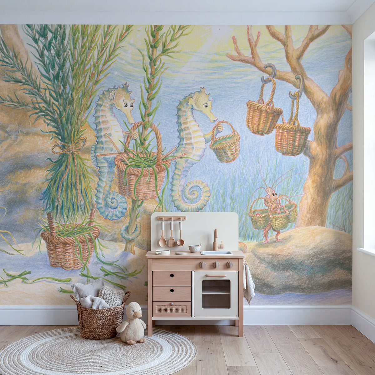 The Seagrass Basket Weavers Wallpaper Mural in playroom setting by Whimsy Tots