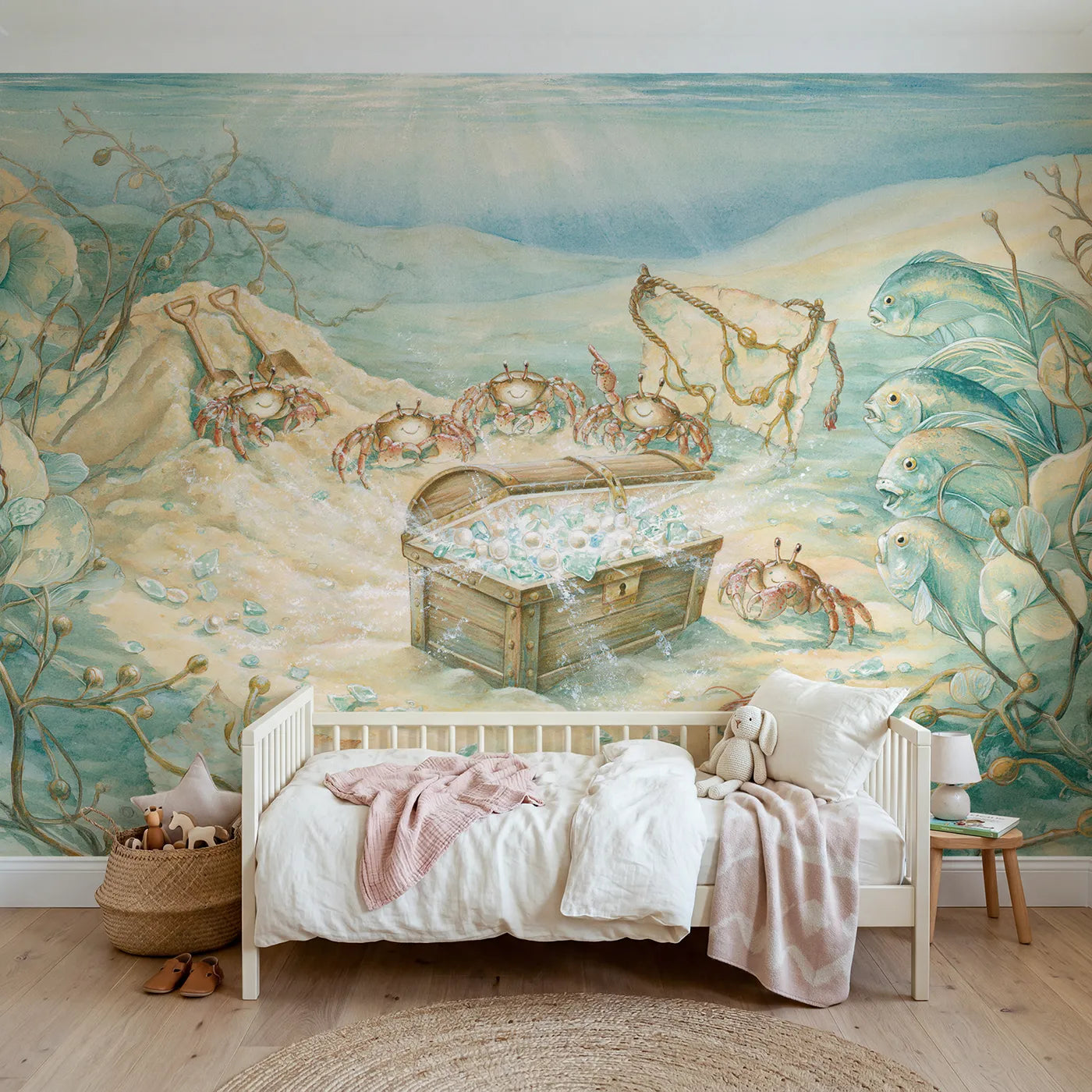 Storybook crabs digging up a buried treasure chest, wall mural for a playroom by Whimsy Tots