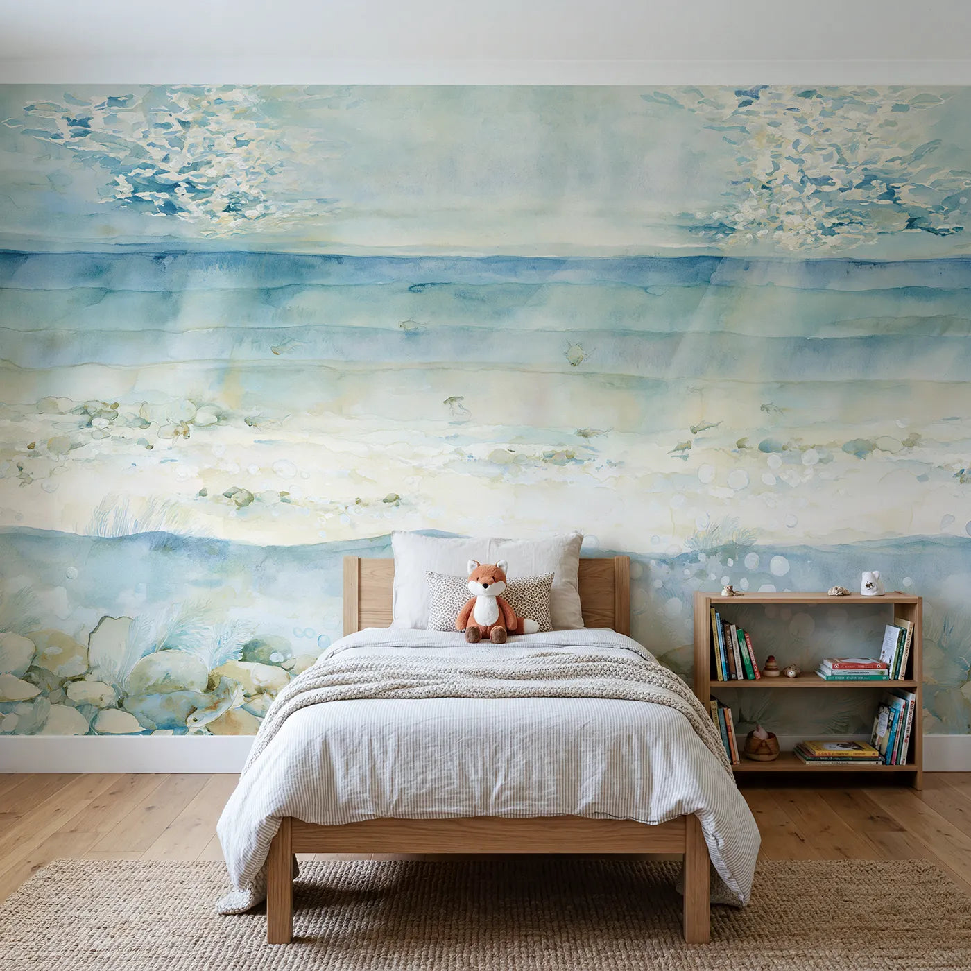 Watercolor wall mural of gentle ocean zone layers by Whimsy Tots