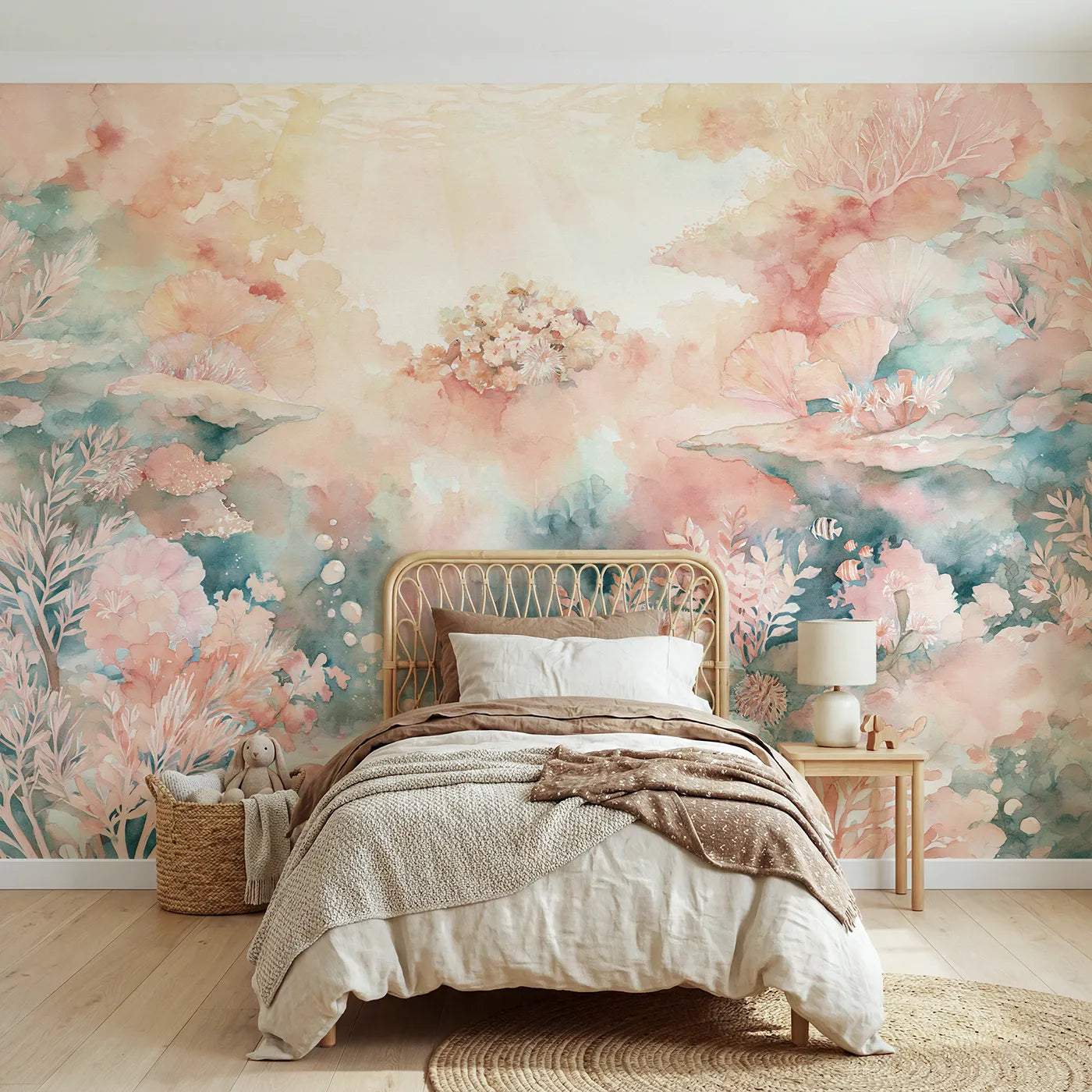 Watercolor wall mural of a calm coral reef habitat by Whimsy Tots