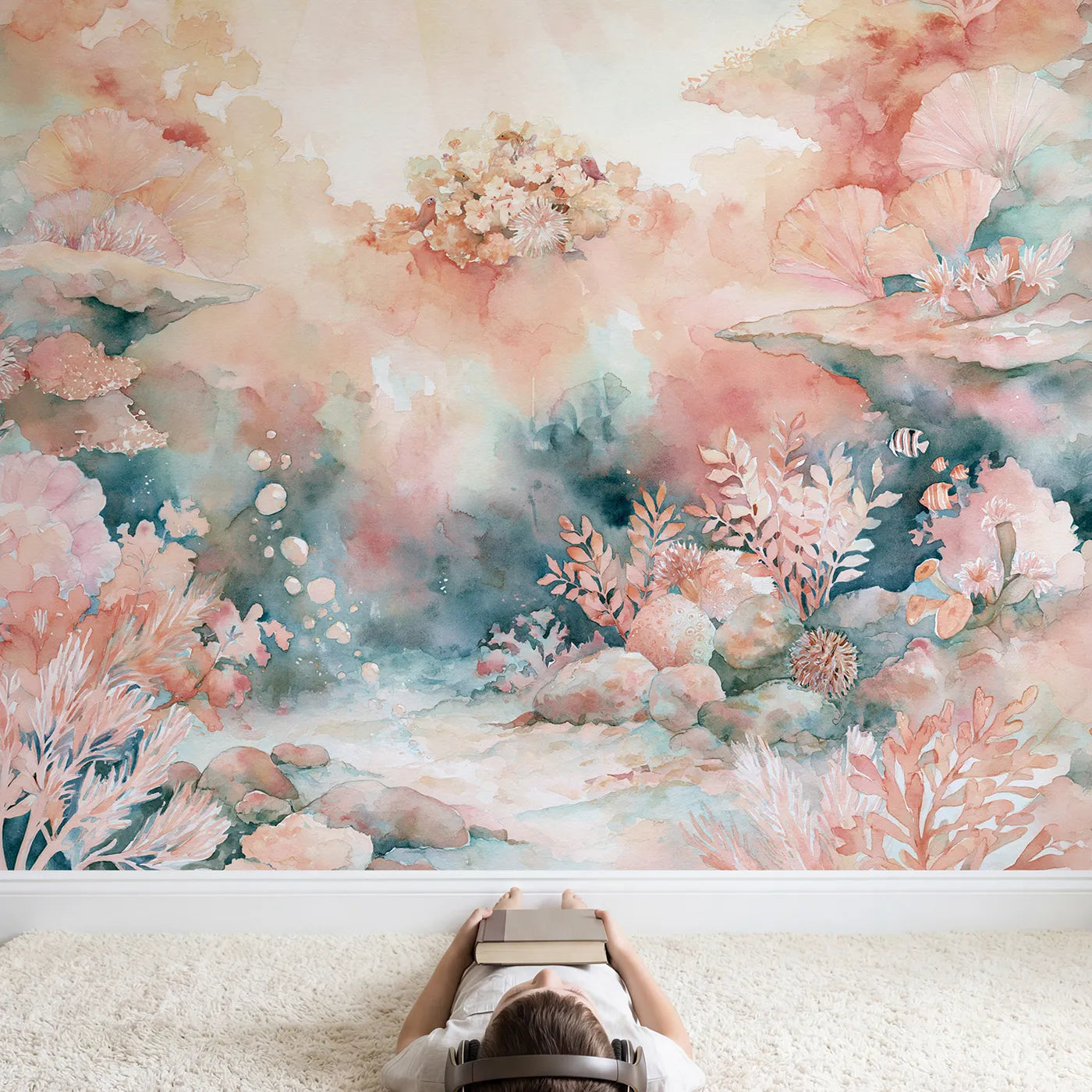 Child in nursery with Coral Reef Habitat Wallpaper Mural by Whimsy Tots