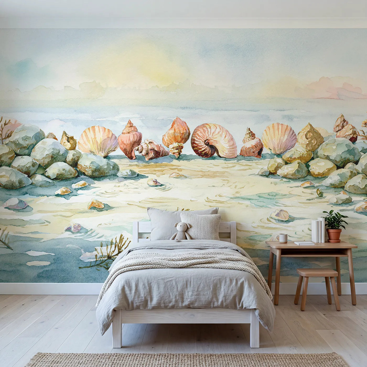 Watercolor wall mural of a seashell collection study by Whimsy Tots