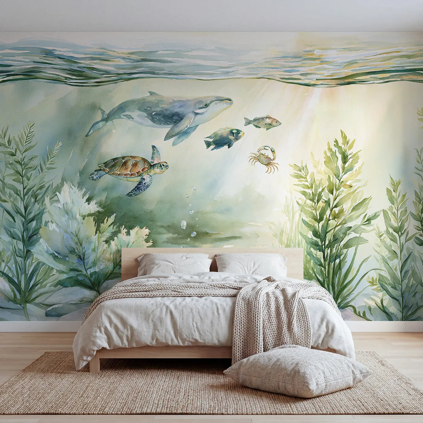 Watercolor wall mural of a friendly sea creatures chart by Whimsy Tots