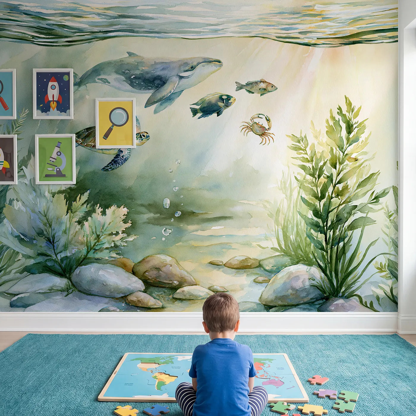 Child in nursery with Sea Creatures Chart Wallpaper Mural by Whimsy Tots