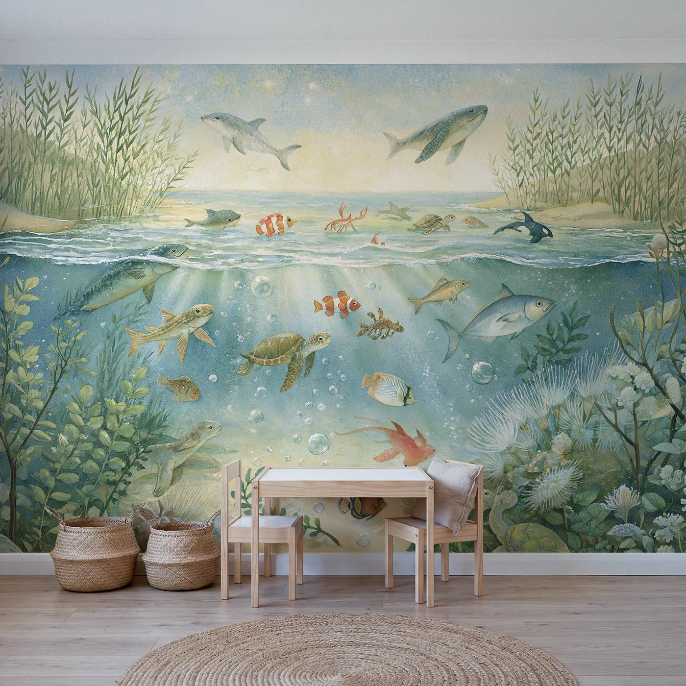 Storybook wall mural of an ocean friends alphabet by Whimsy Tots