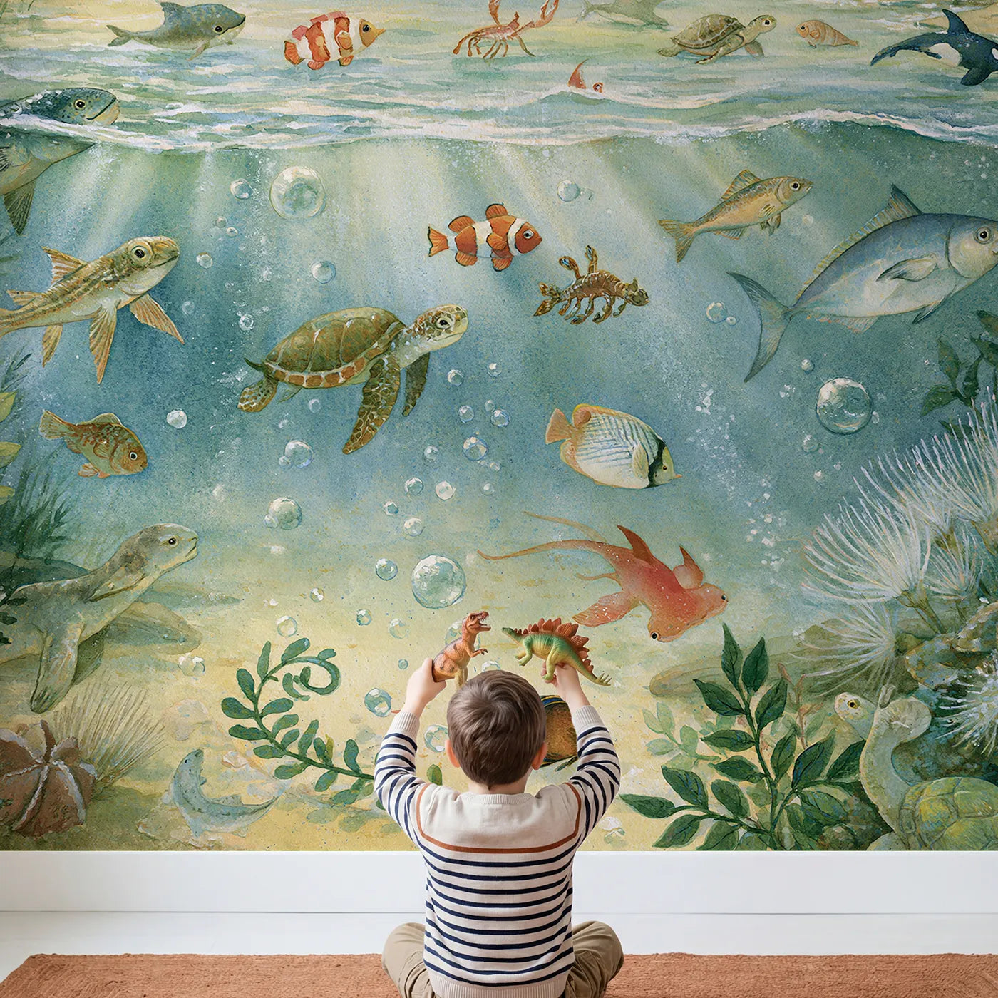 Child in nursery with Ocean Friends Swim Parade Wallpaper Mural by Whimsy Tots
