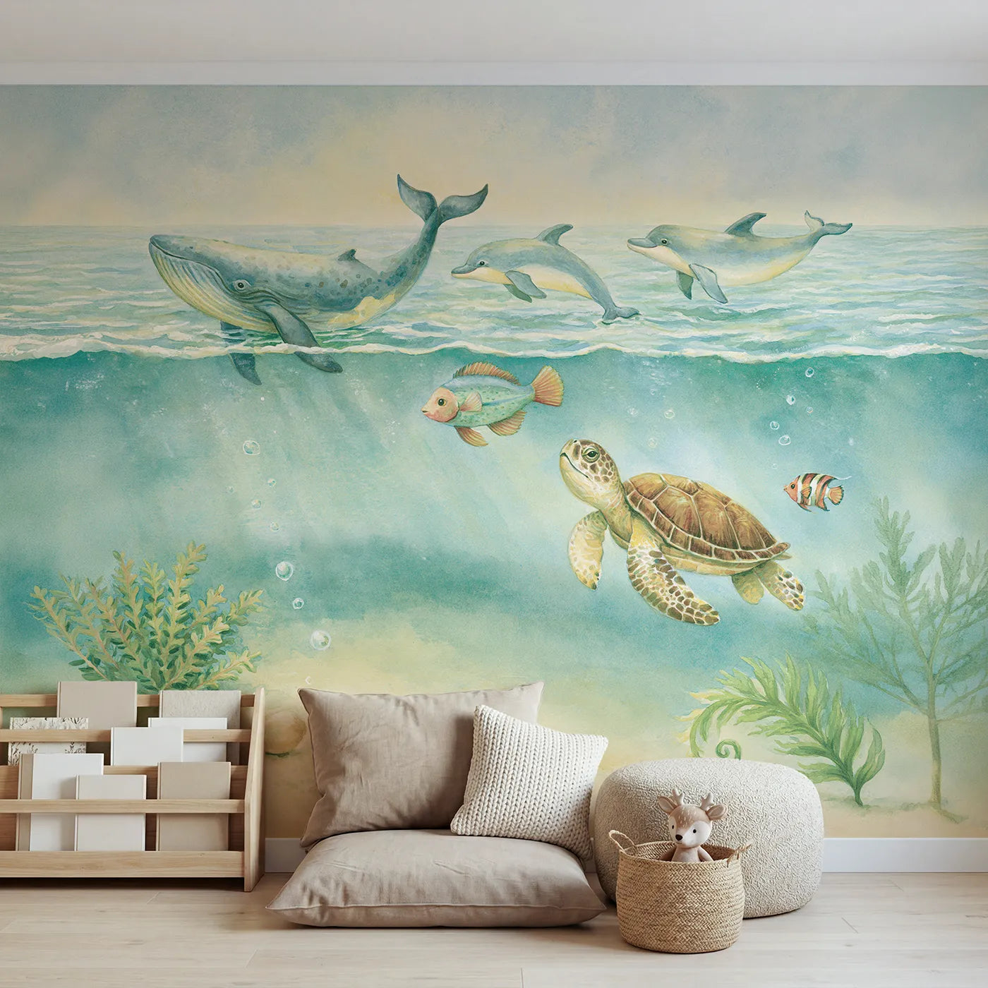 Storybook wall mural of a folk sea parade by Whimsy Tots
