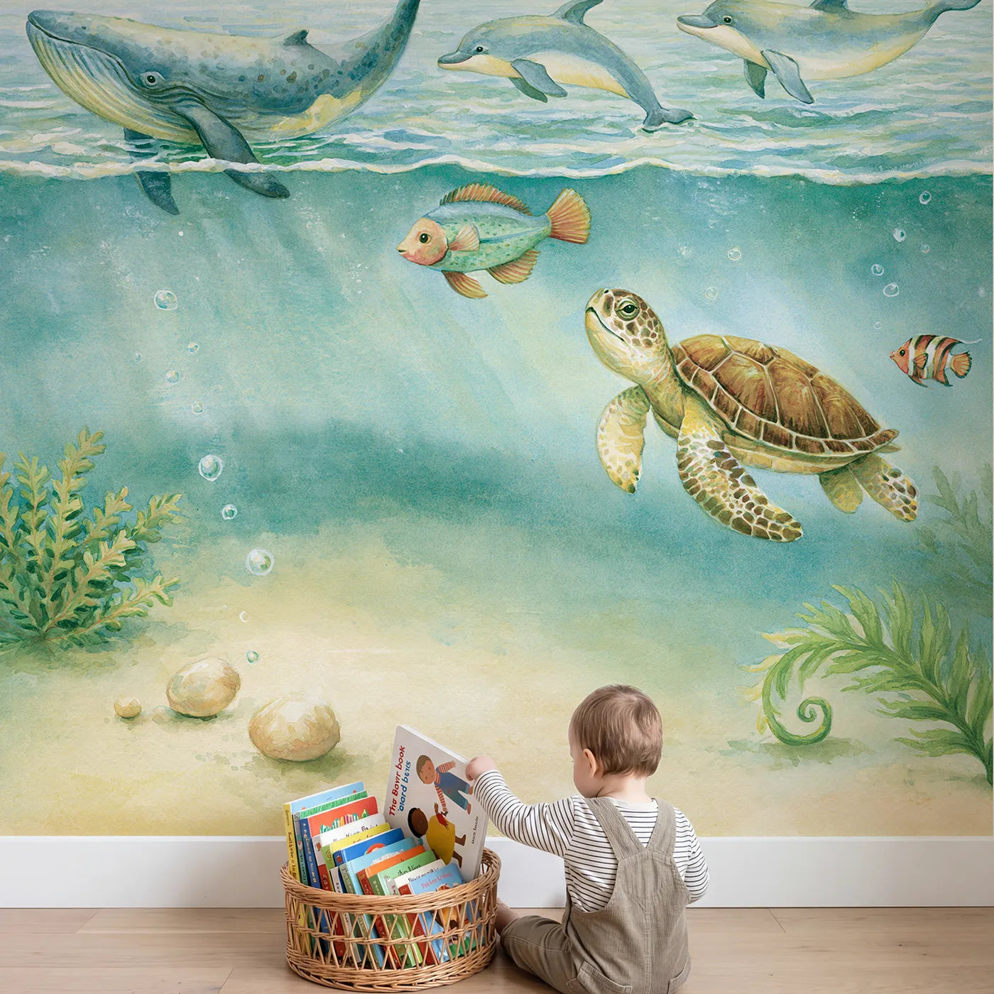 Child in nursery with Folk Sea Parade Wallpaper Mural by Whimsy Tots