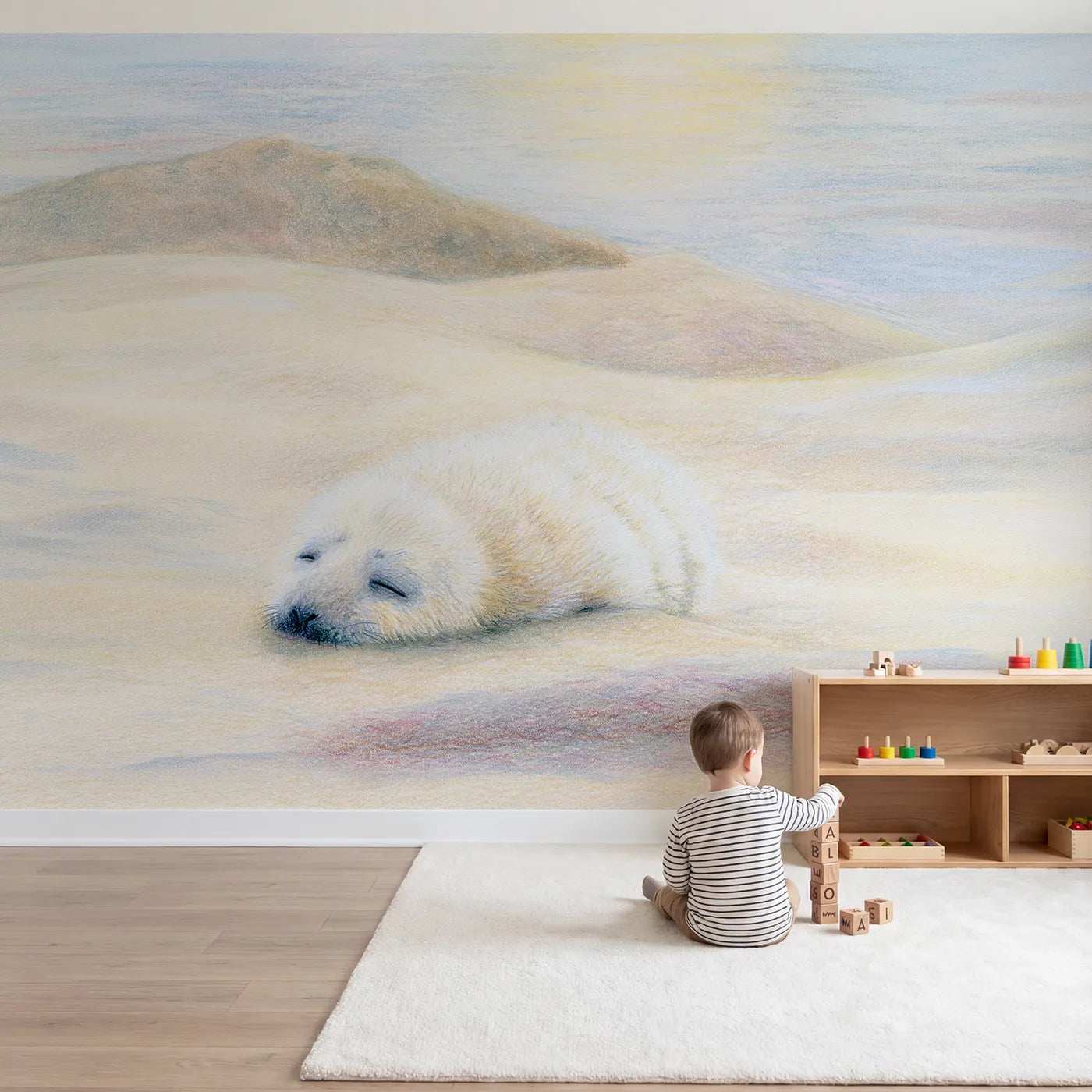 Child in nursery with Sleeping Seal Pup Wallpaper Mural by Whimsy Tots