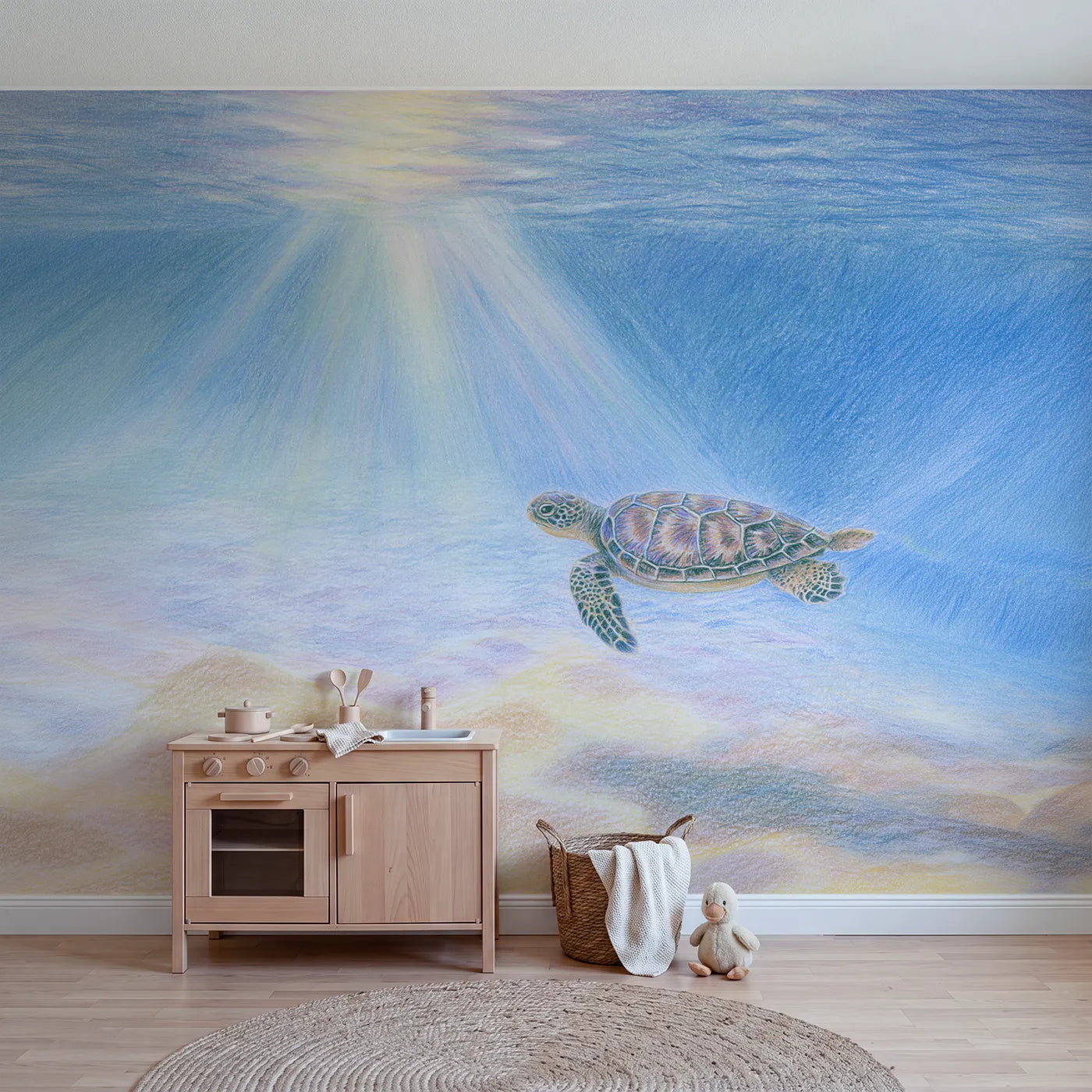 Colored-pencil wall mural of a tiny sea turtle paddling by Whimsy Tots