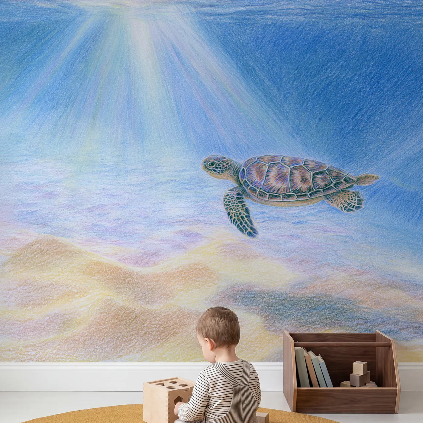 Child in nursery with Tiny Sea Turtle Paddle Wallpaper Mural by Whimsy Tots