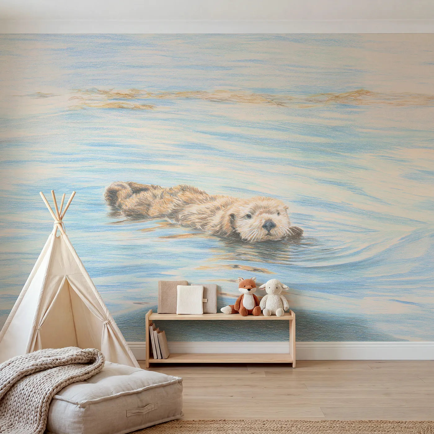 Colored-pencil wall mural of a floating sea otter by Whimsy Tots