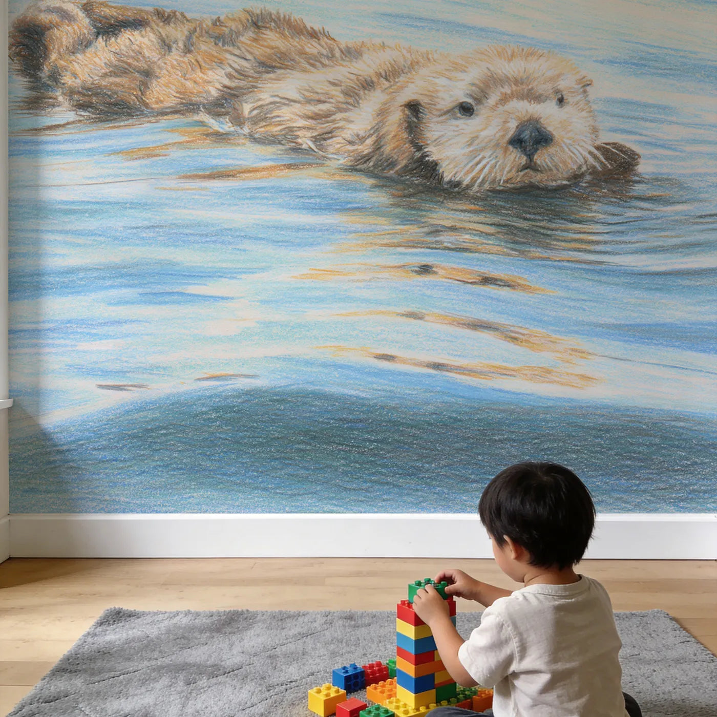 Child in nursery with Floating Sea Otter Wallpaper Mural by Whimsy Tots