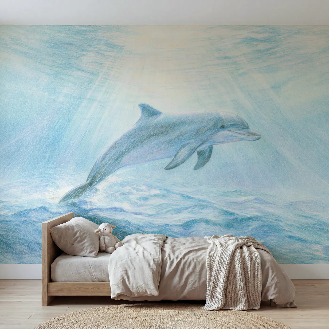 Colored-pencil wall mural of a gentle gliding dolphin by Whimsy Tots