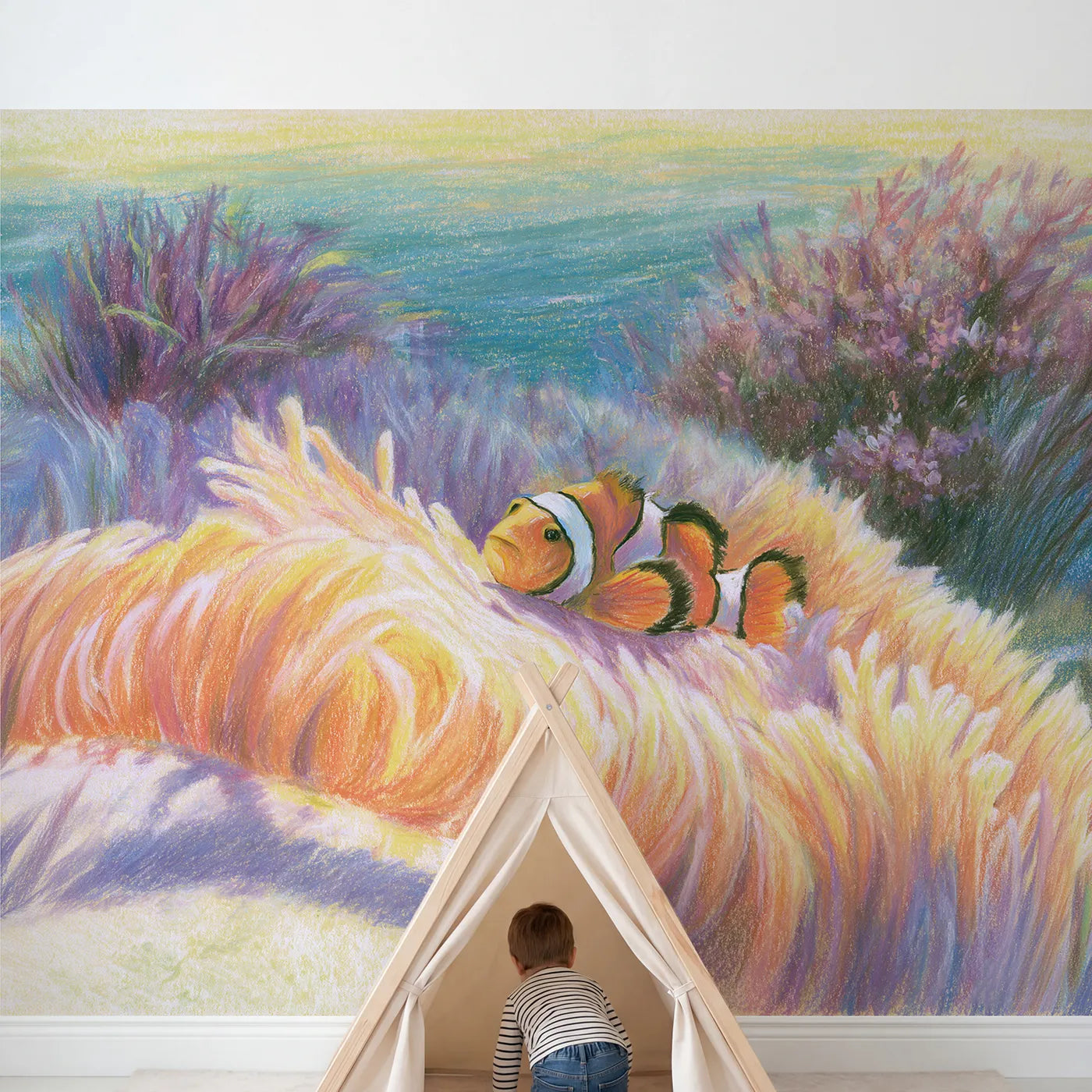 Child in nursery with Clownfish and Anemone Wallpaper Mural by Whimsy Tots