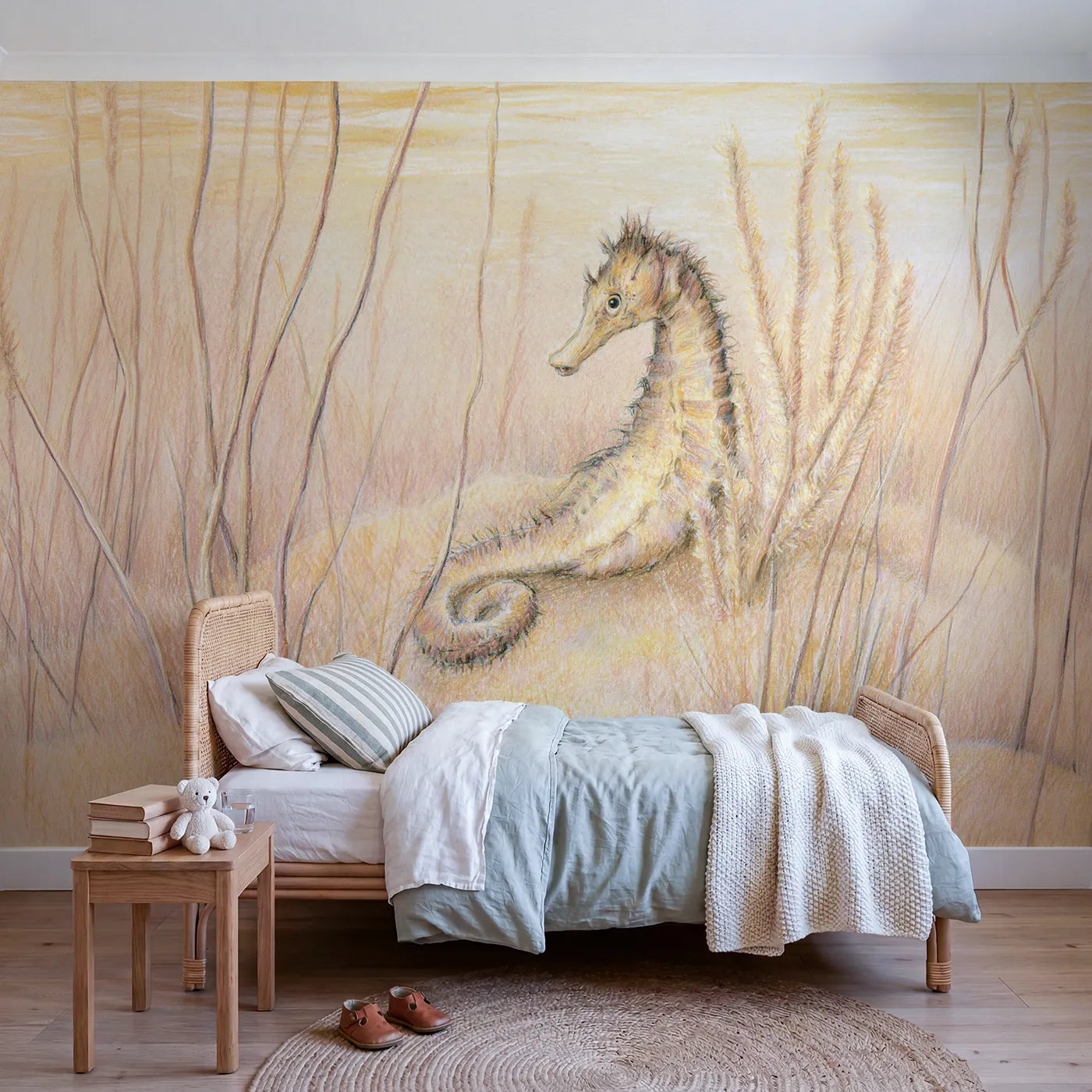 Colored-pencil wall mural of a curled seahorse by Whimsy Tots