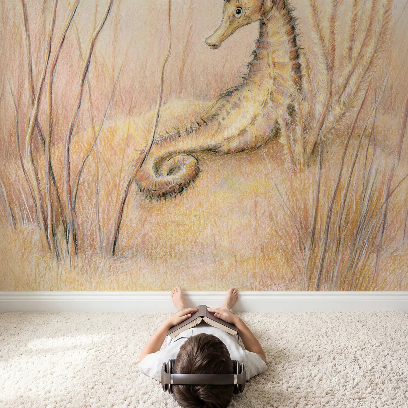 Child in nursery with Curled Seahorse Wallpaper Mural by Whimsy Tots