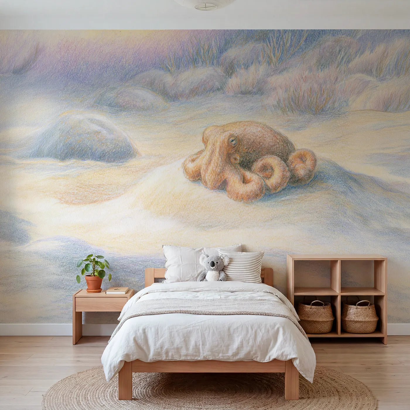Colored-pencil wall mural of a sleepy resting octopus by Whimsy Tots