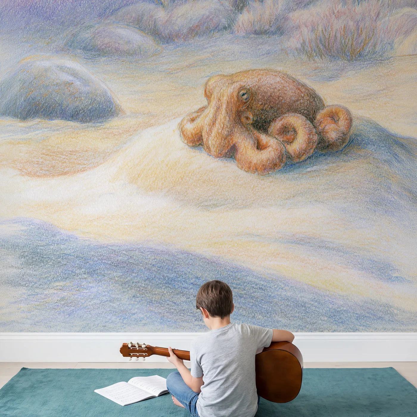 Child in nursery with Sleepy Octopus Wallpaper Mural by Whimsy Tots