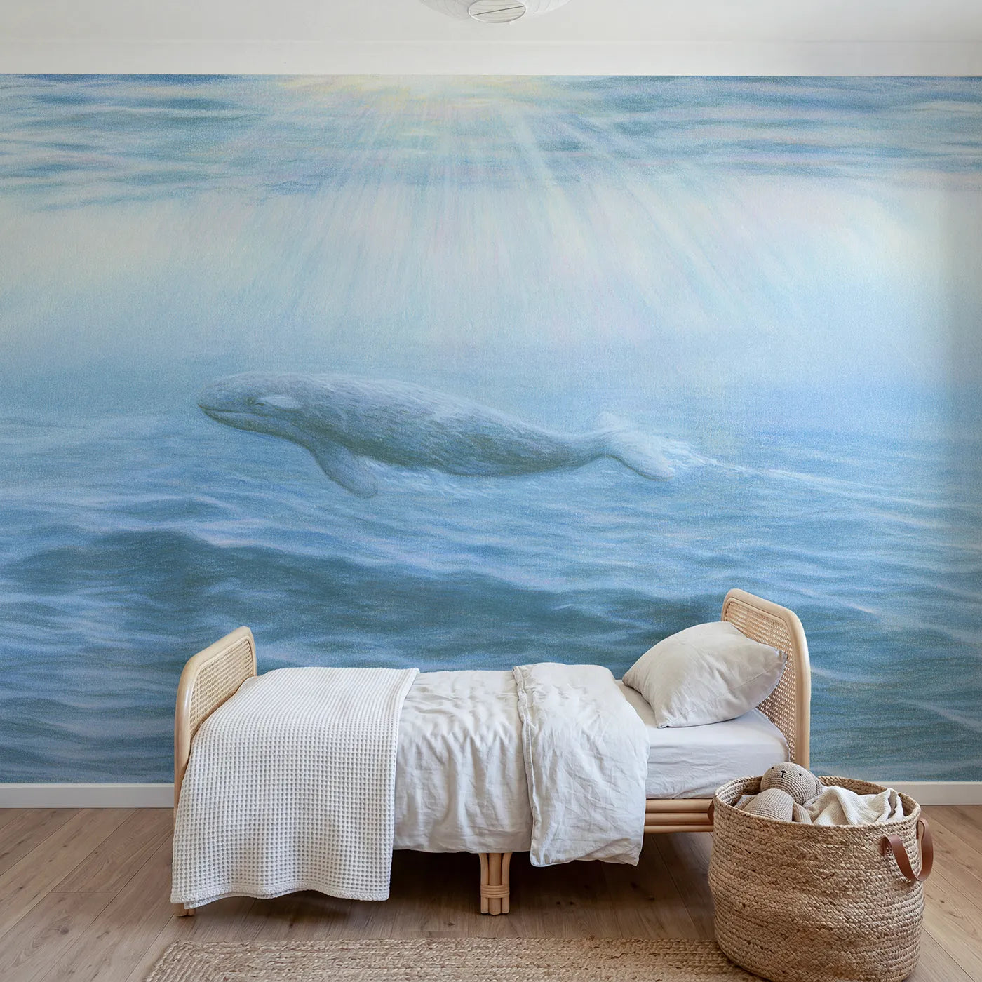 Colored-pencil wall mural of a small whale calf by Whimsy Tots