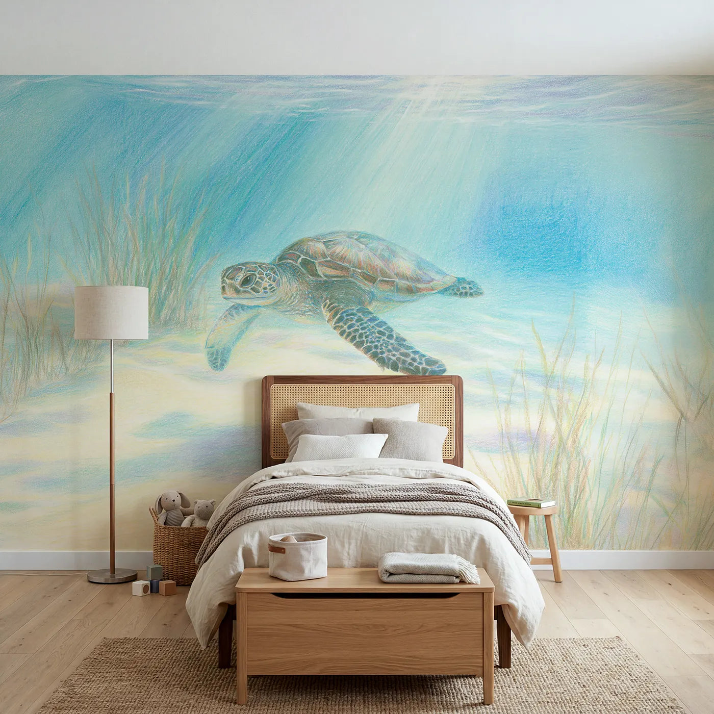 Colored-pencil wall mural of a spotted sea turtle by Whimsy Tots