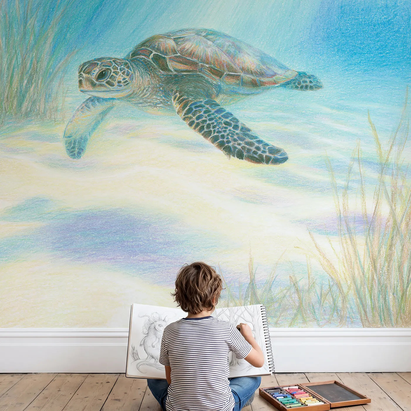 Child in nursery with Spotted Sea Turtle Wallpaper Mural by Whimsy Tots
