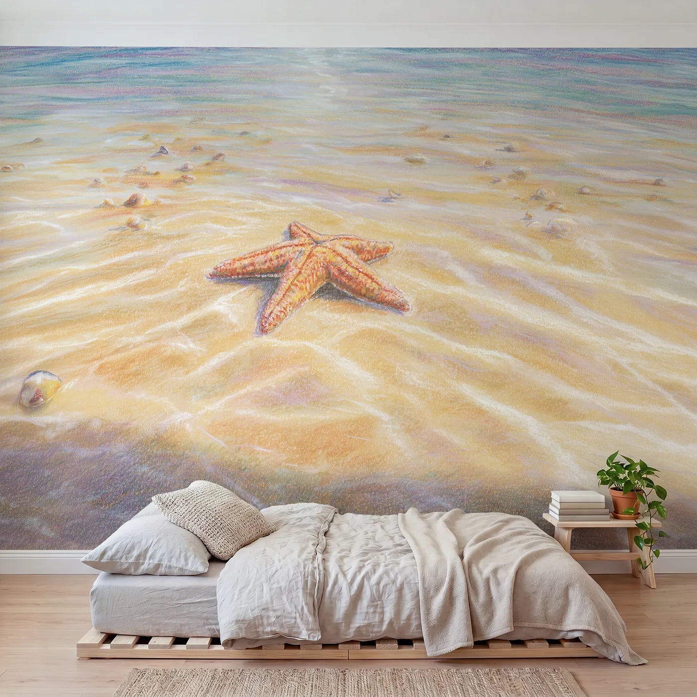 Colored-pencil wall mural of a resting starfish by Whimsy Tots