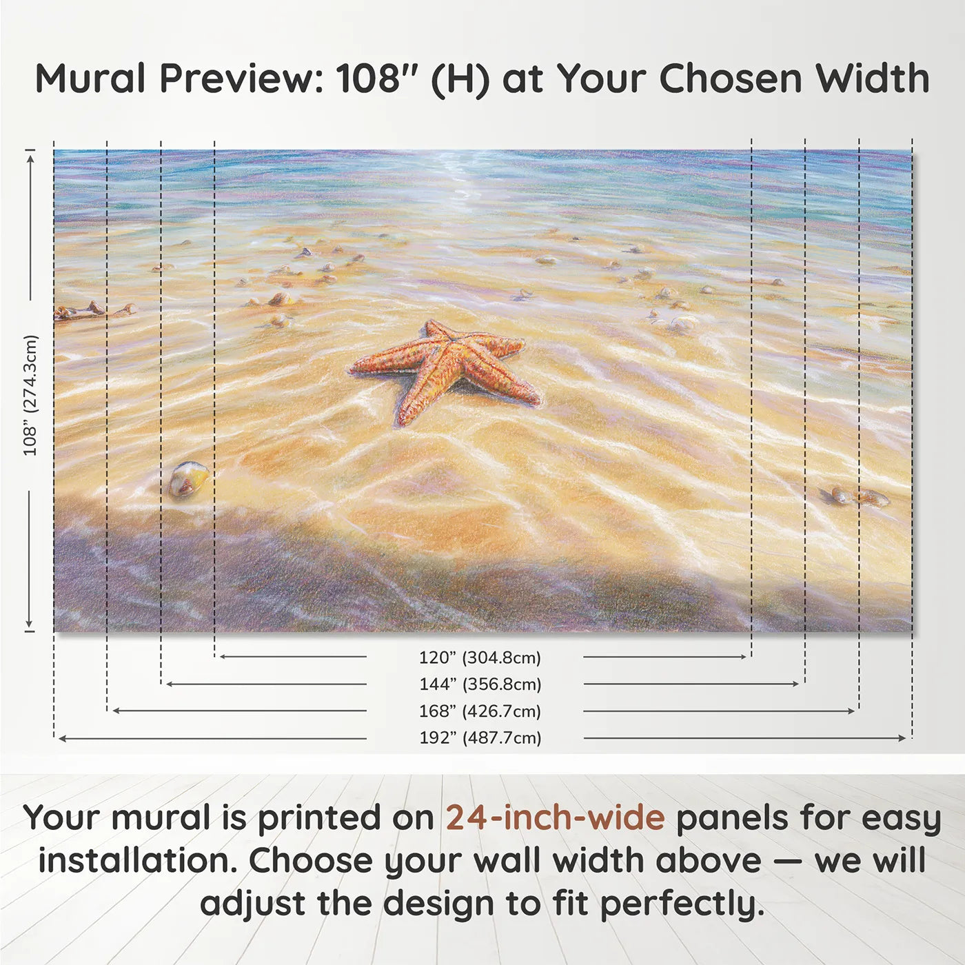 Panel layout and dimensions for Resting Starfish Wallpaper Mural by Whimsy Tots
