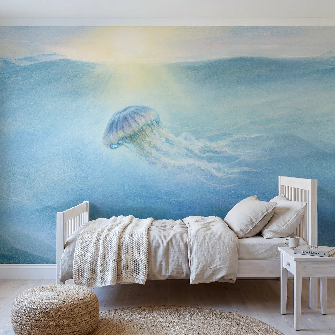 Colored-pencil wall mural of a drifting jellyfish by Whimsy Tots