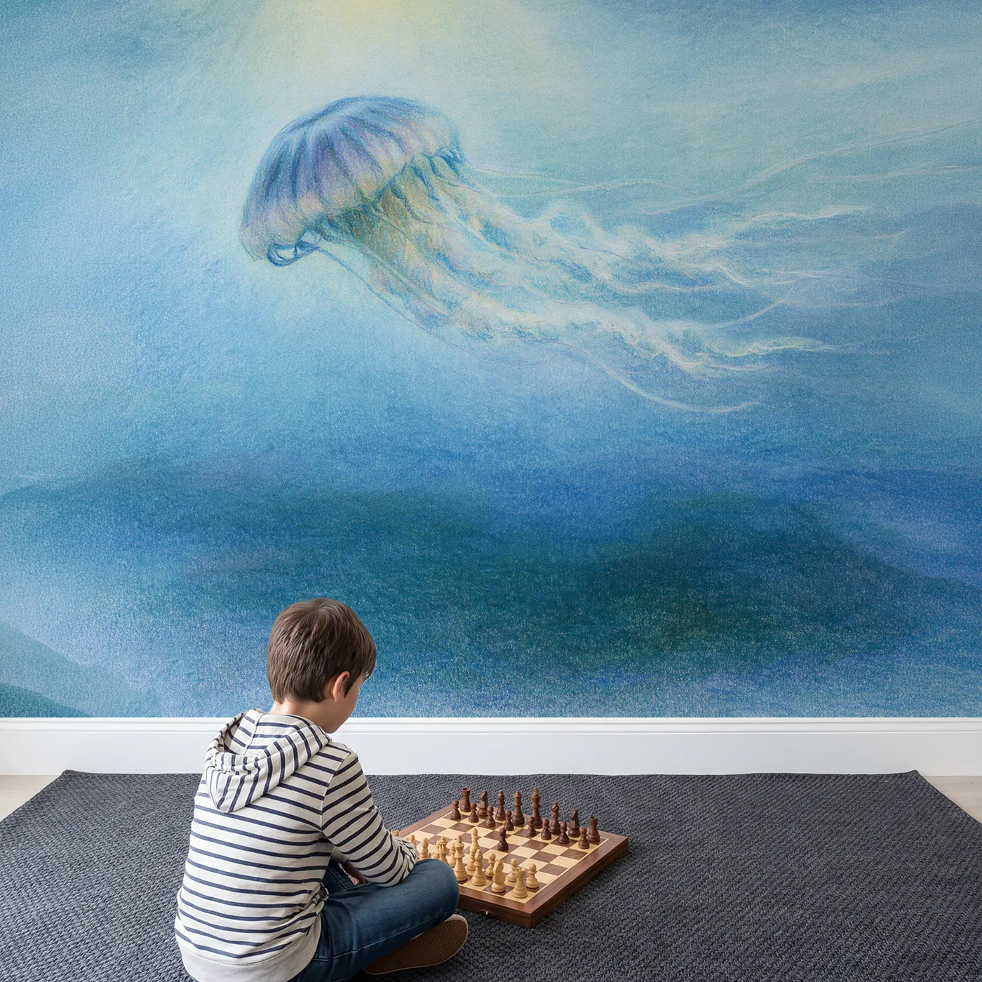 Child in nursery with Drifting Jellyfish Wallpaper Mural by Whimsy Tots
