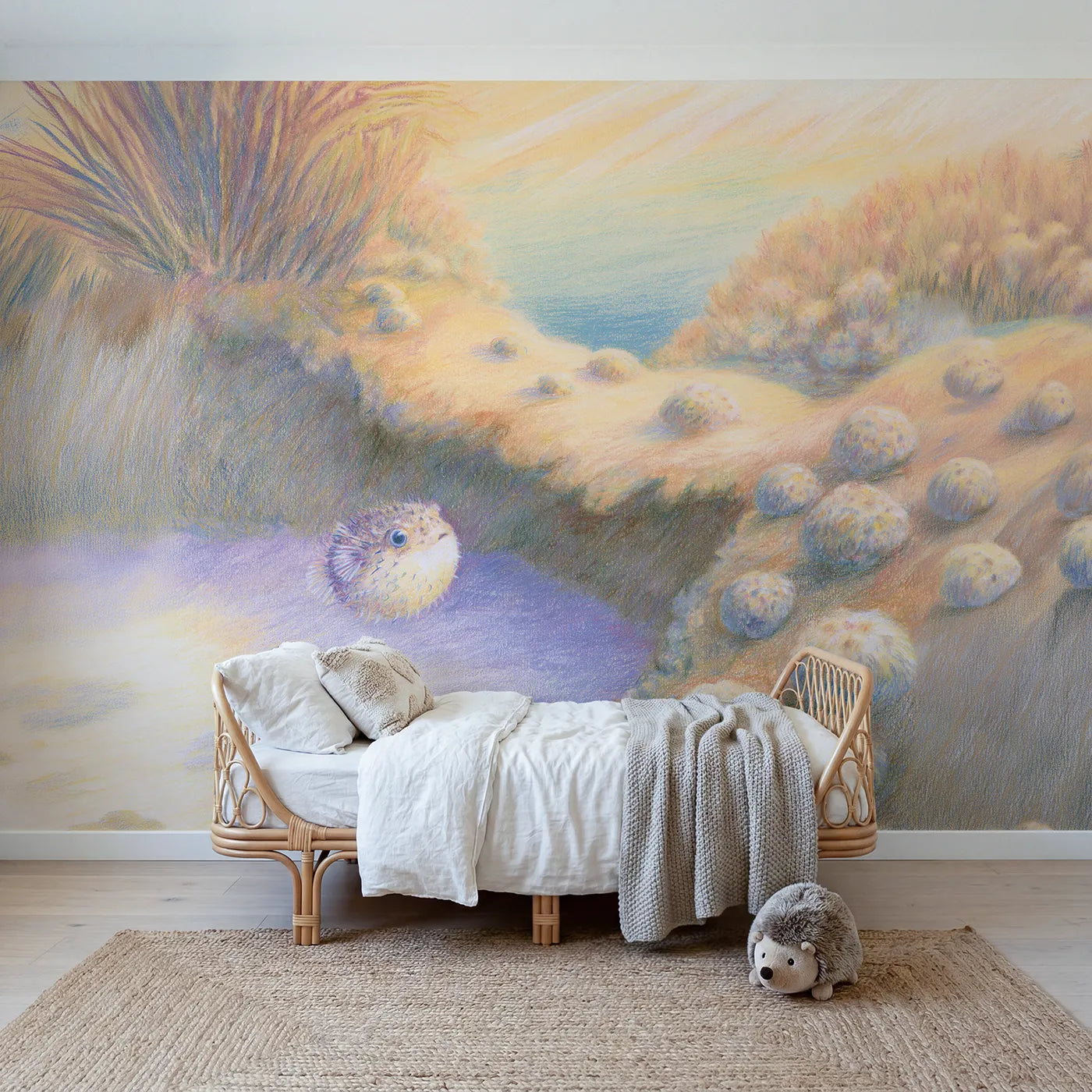 Colored-pencil wall mural of a pufferfish friend by Whimsy Tots