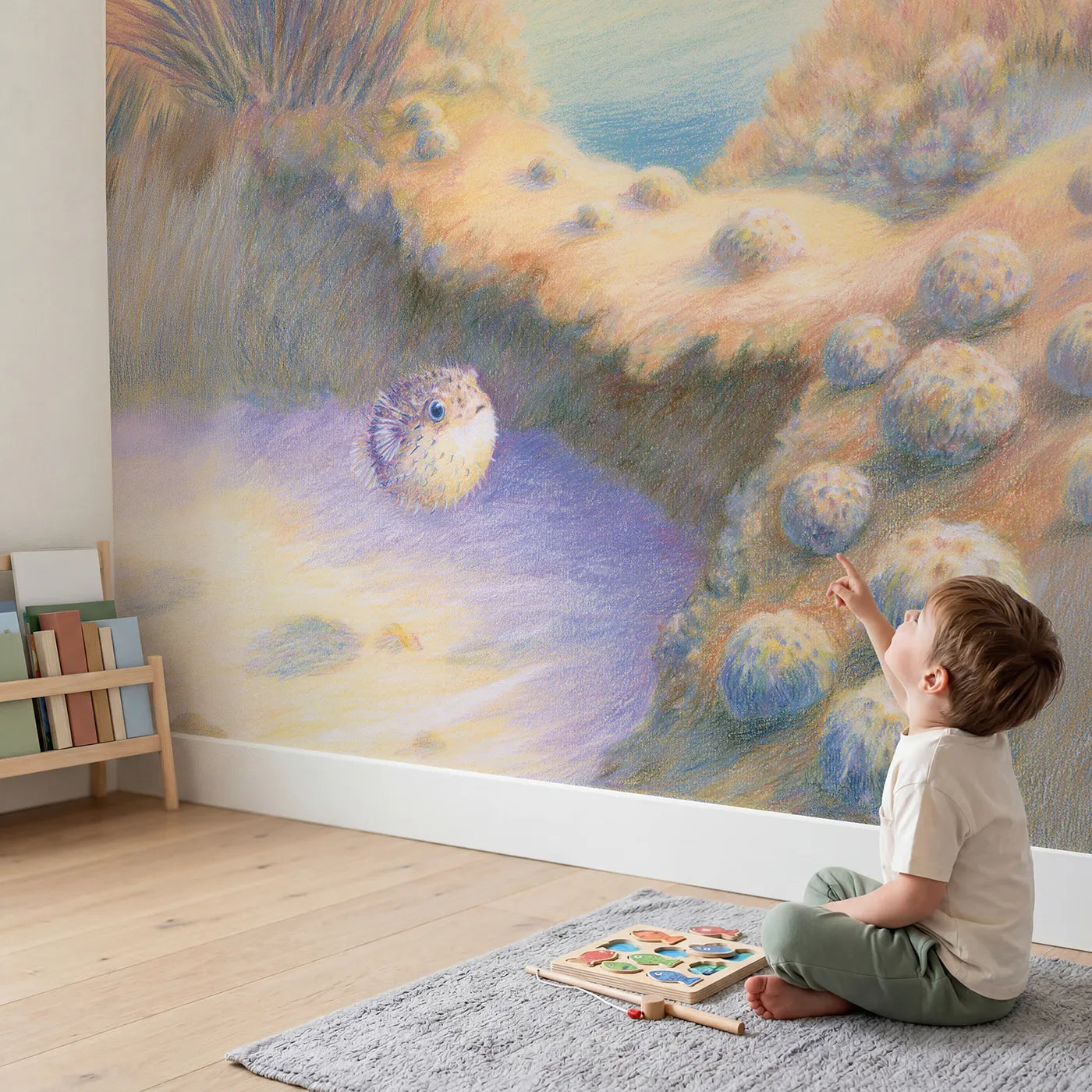 Child in nursery with Pufferfish Friend Wallpaper Mural by Whimsy Tots