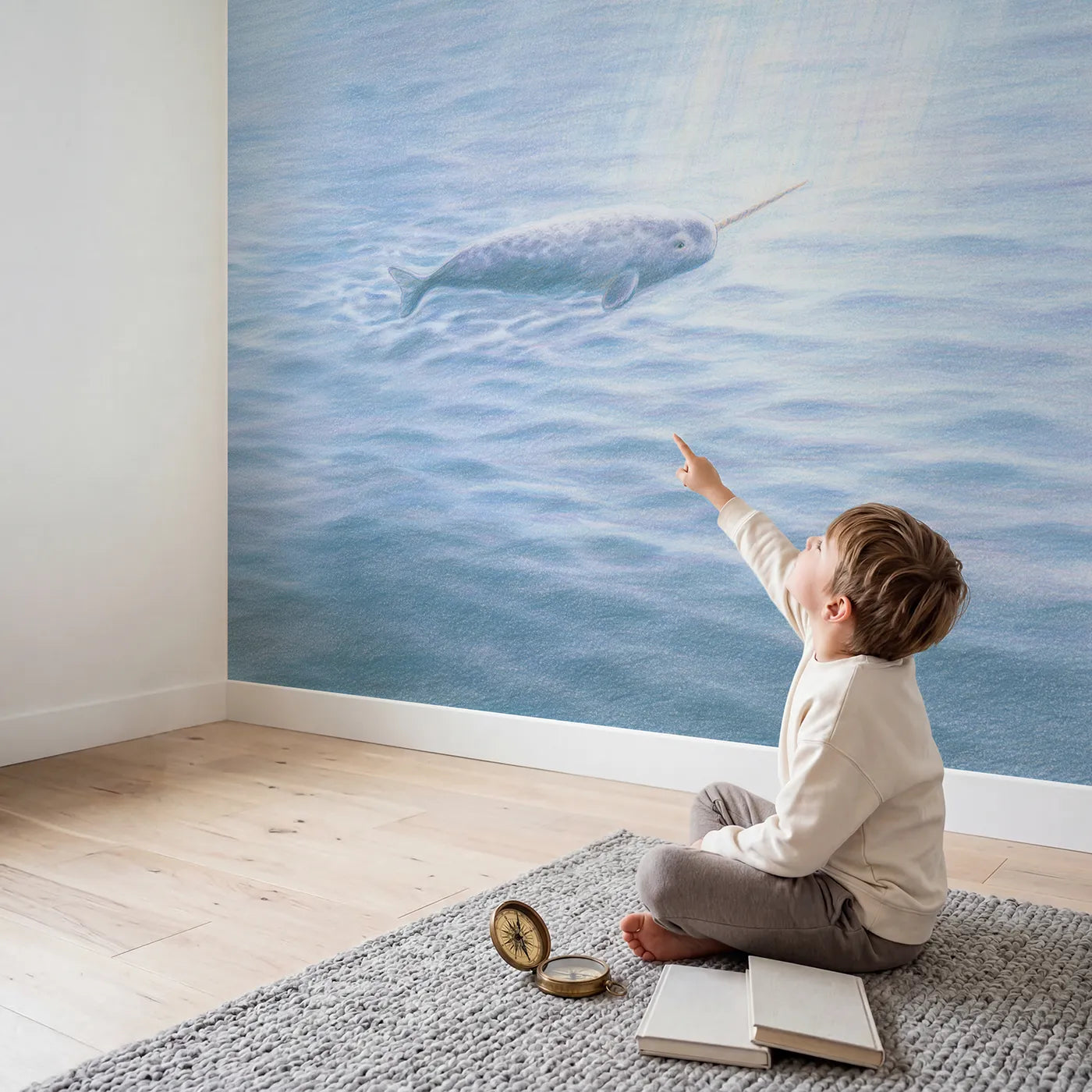 Child in nursery with Narwhal Calf Wallpaper Mural by Whimsy Tots