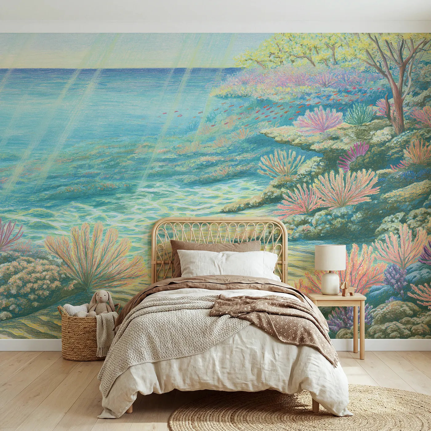 Colored-pencil wall mural of a sunlit coral reef by Whimsy Tots