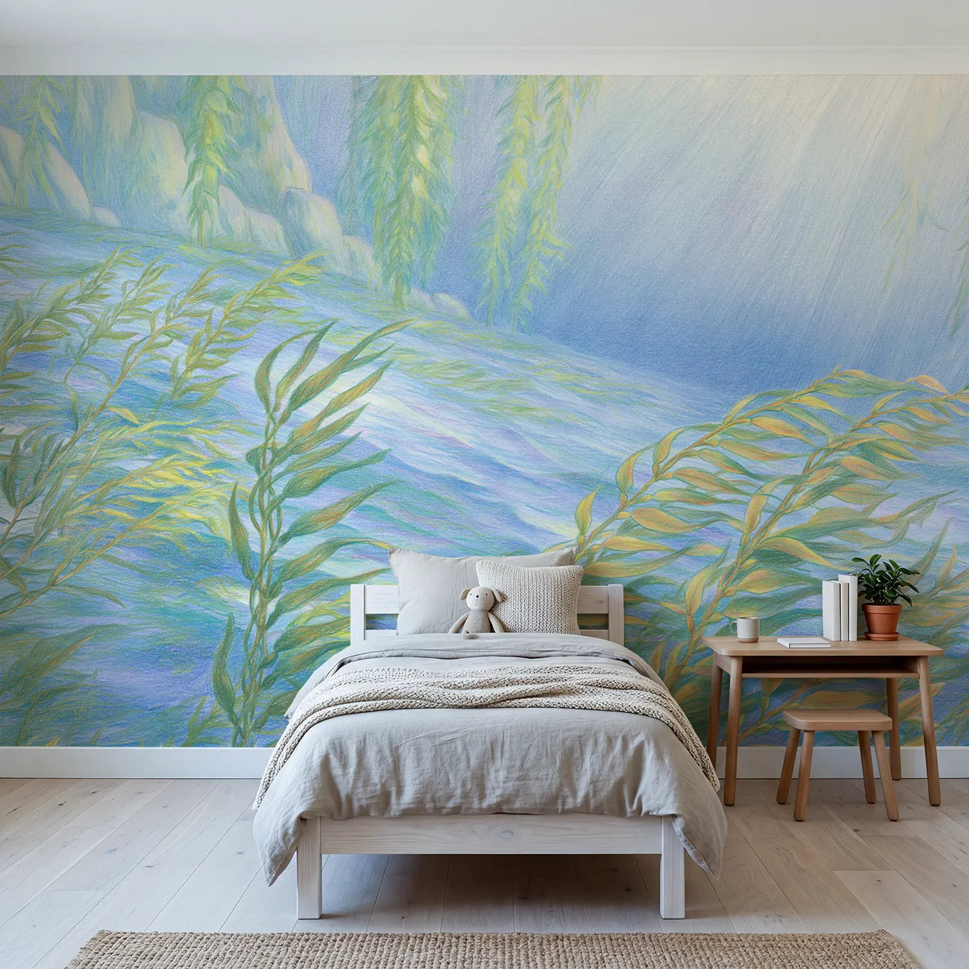 Colored-pencil wall mural of a quiet kelp forest by Whimsy Tots