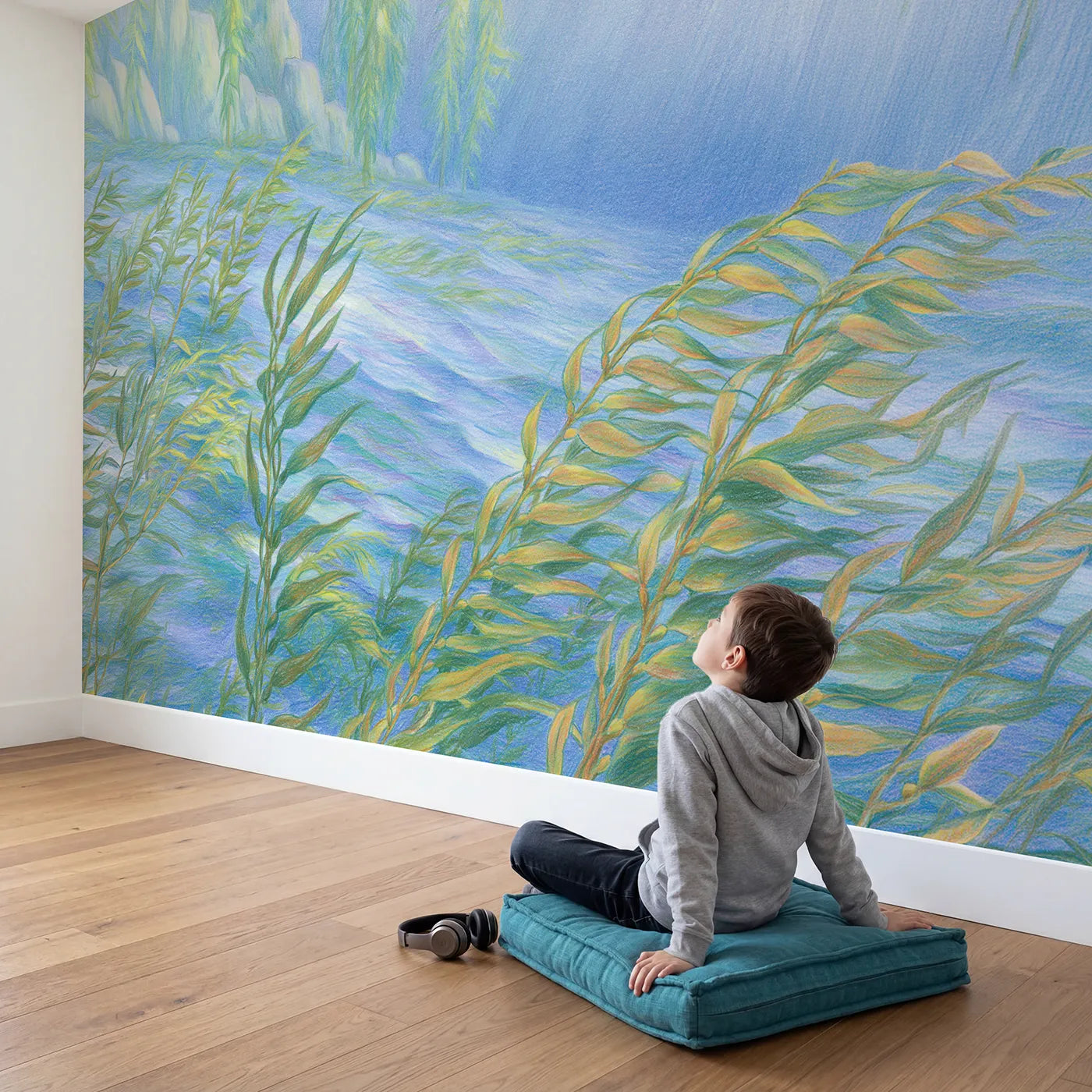 Child in nursery with Quiet Kelp Forest Wallpaper Mural by Whimsy Tots