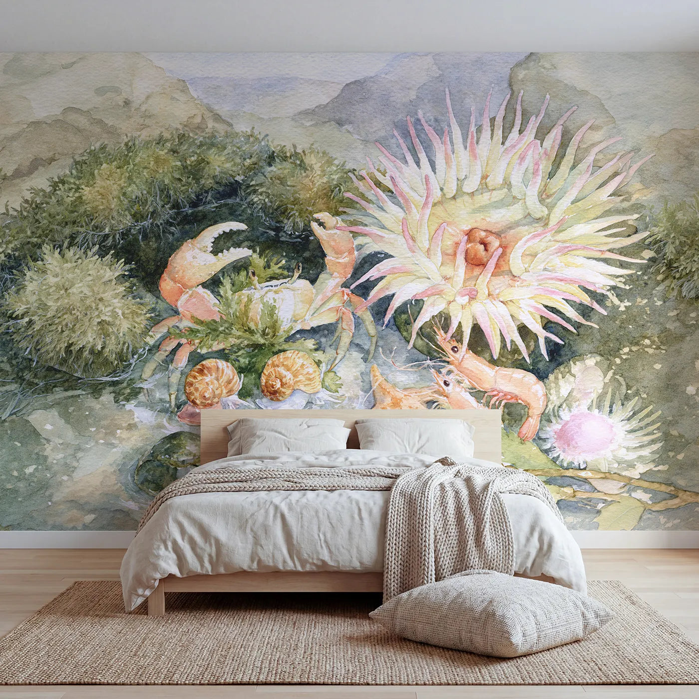Watercolor crab guiding a tour of a rock pool, wall mural for a big-kid bedroom by Whimsy Tots