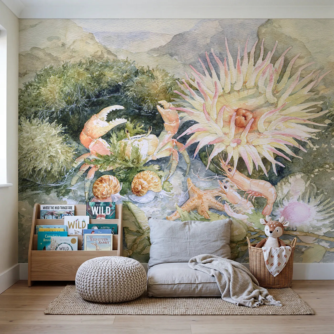 The Tide Pool Tour Guide Wallpaper Mural in playroom setting by Whimsy Tots