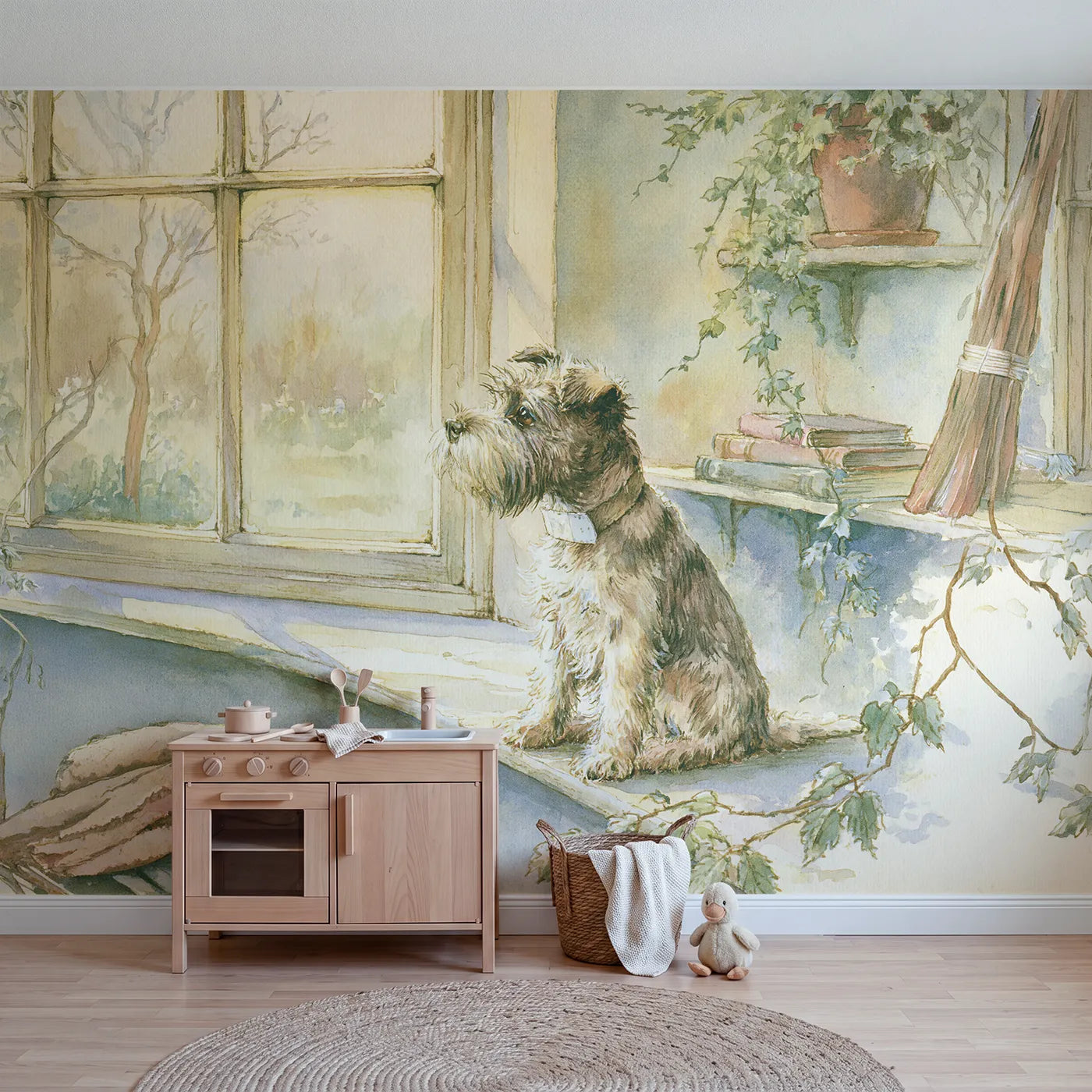 Storybook wall mural of a terrier window watch by Whimsy Tots