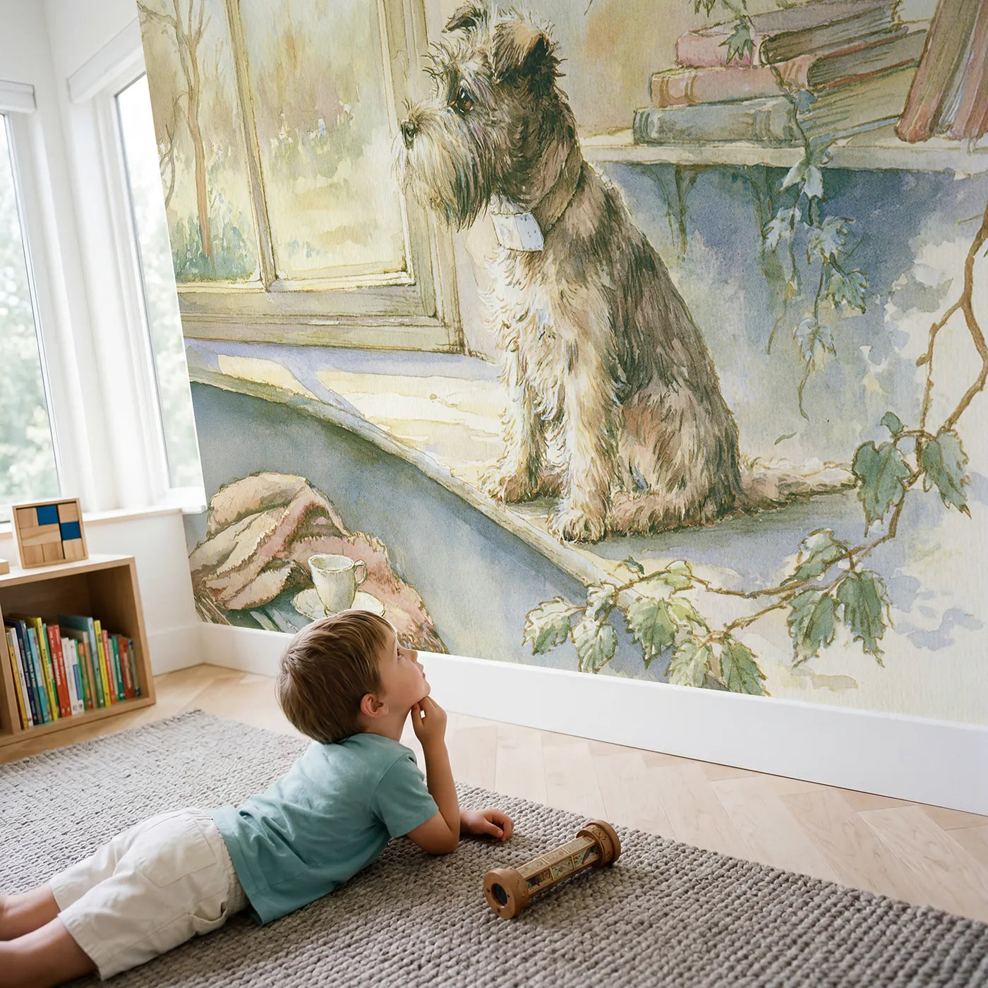 Child in nursery with Terrier Window Watch Wallpaper Mural by Whimsy Tots