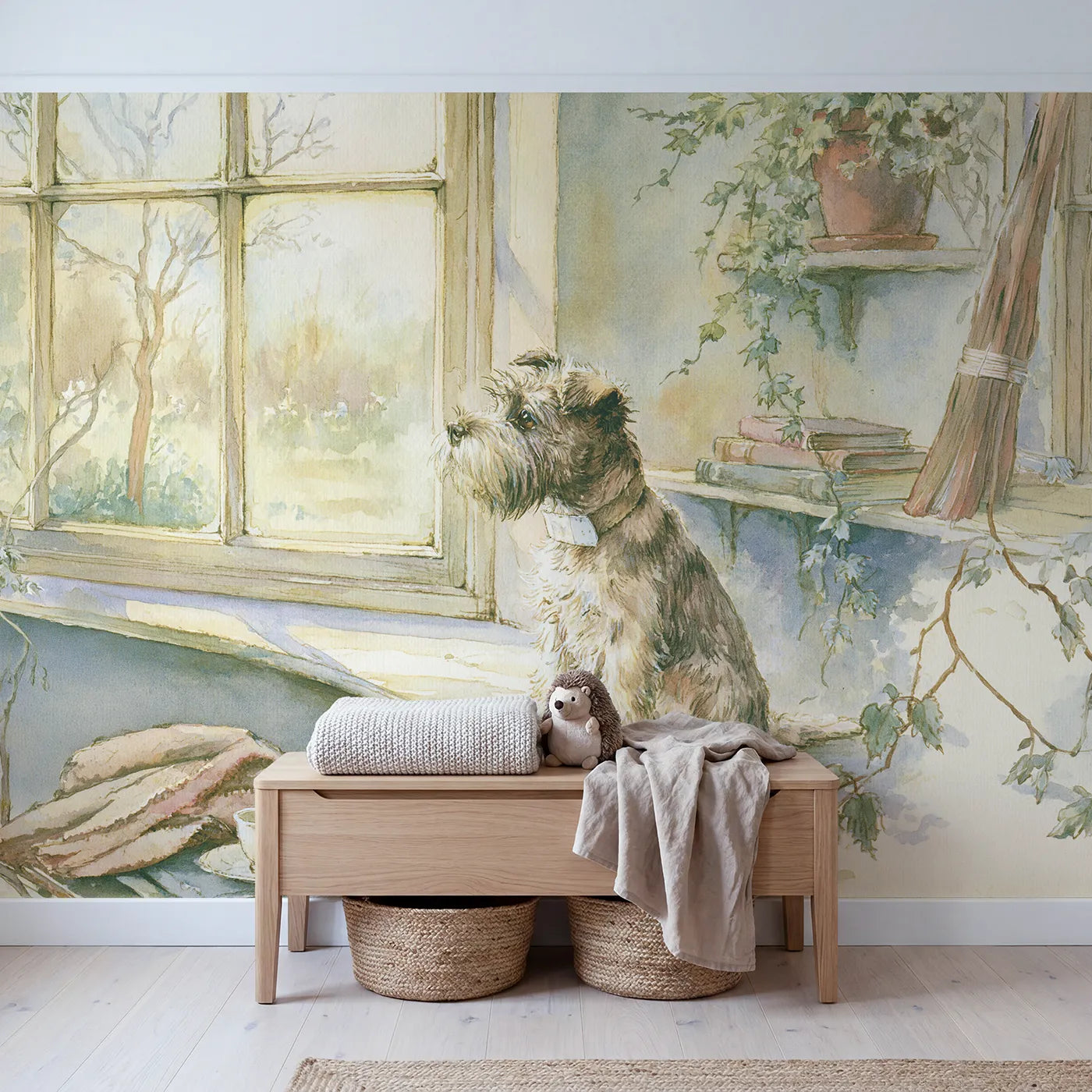Terrier Window Watch Wallpaper Mural in playroom setting by Whimsy Tots