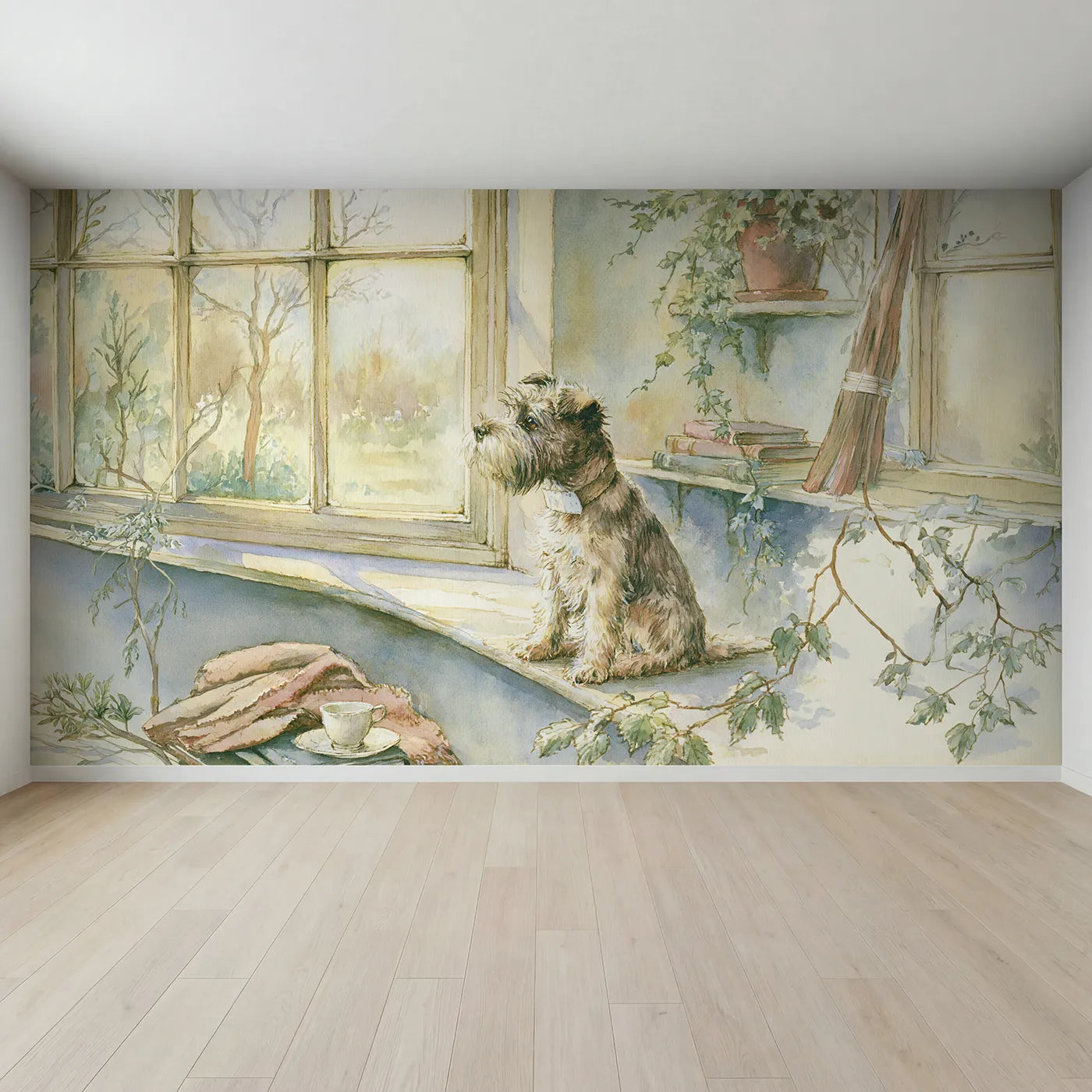 Full view of Terrier Window Watch Wallpaper Mural by Whimsy Tots