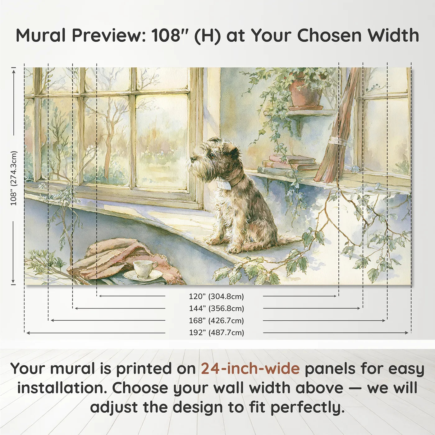Panel layout and dimensions for Terrier Window Watch Wallpaper Mural by Whimsy Tots