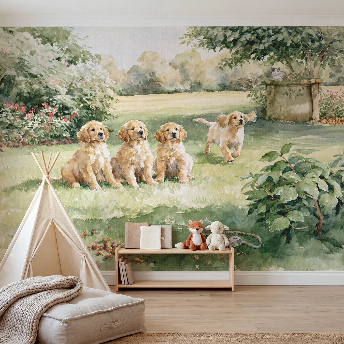 Watercolor puppy training class in a garden, wall mural for a playroom by Whimsy Tots