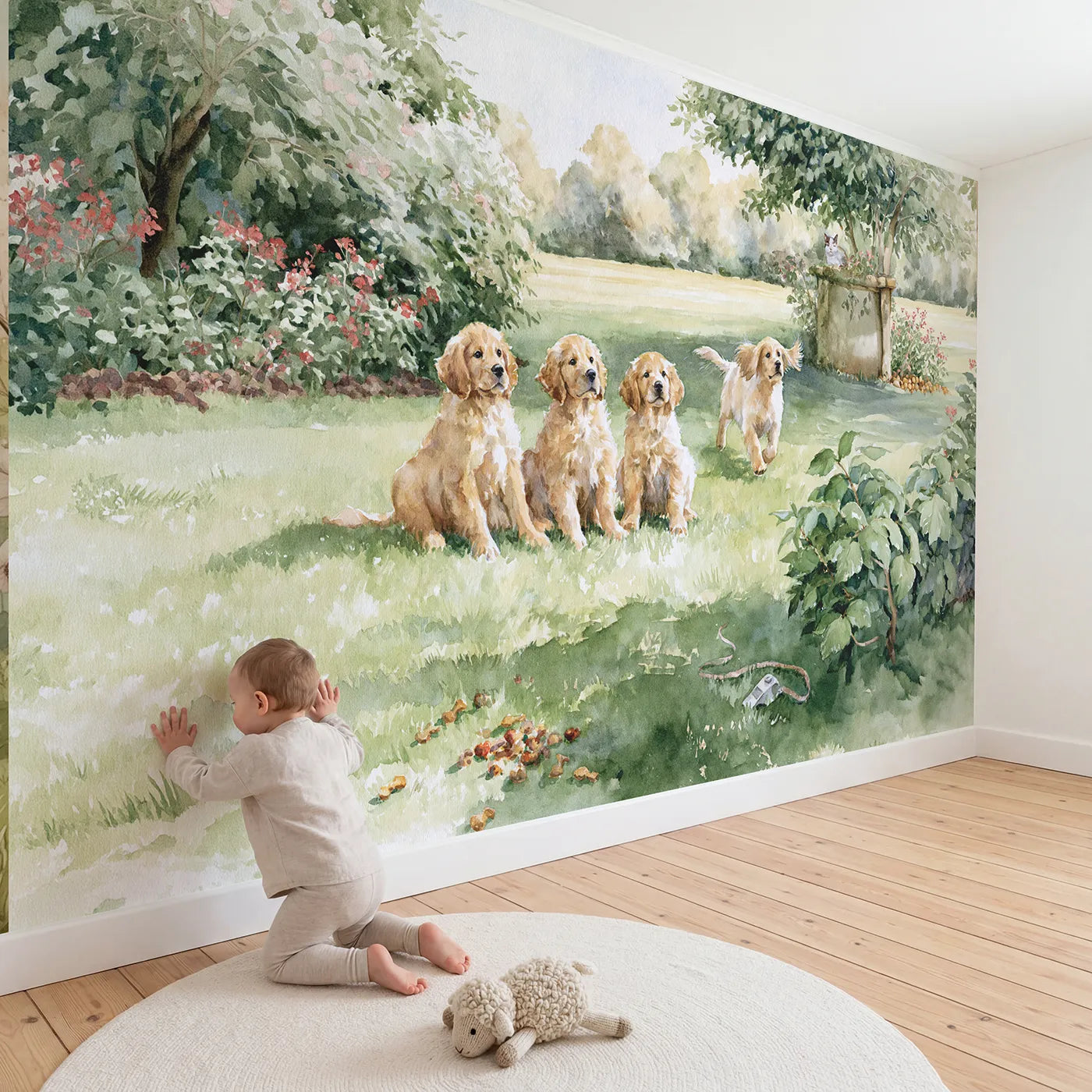 Child in nursery with The Puppy Training Class Wallpaper Mural by Whimsy Tots