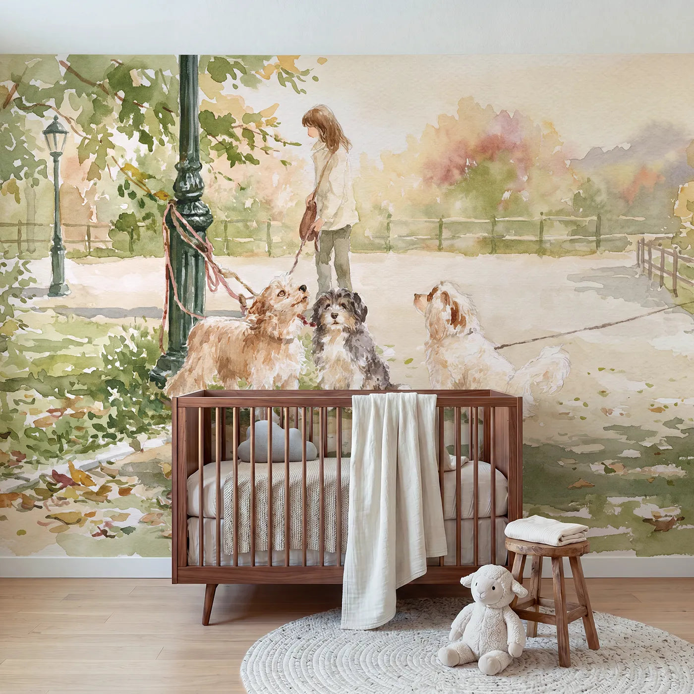 Watercolor dogs tangling their leads round a lamppost, wall mural for a bedroom by Whimsy Tots