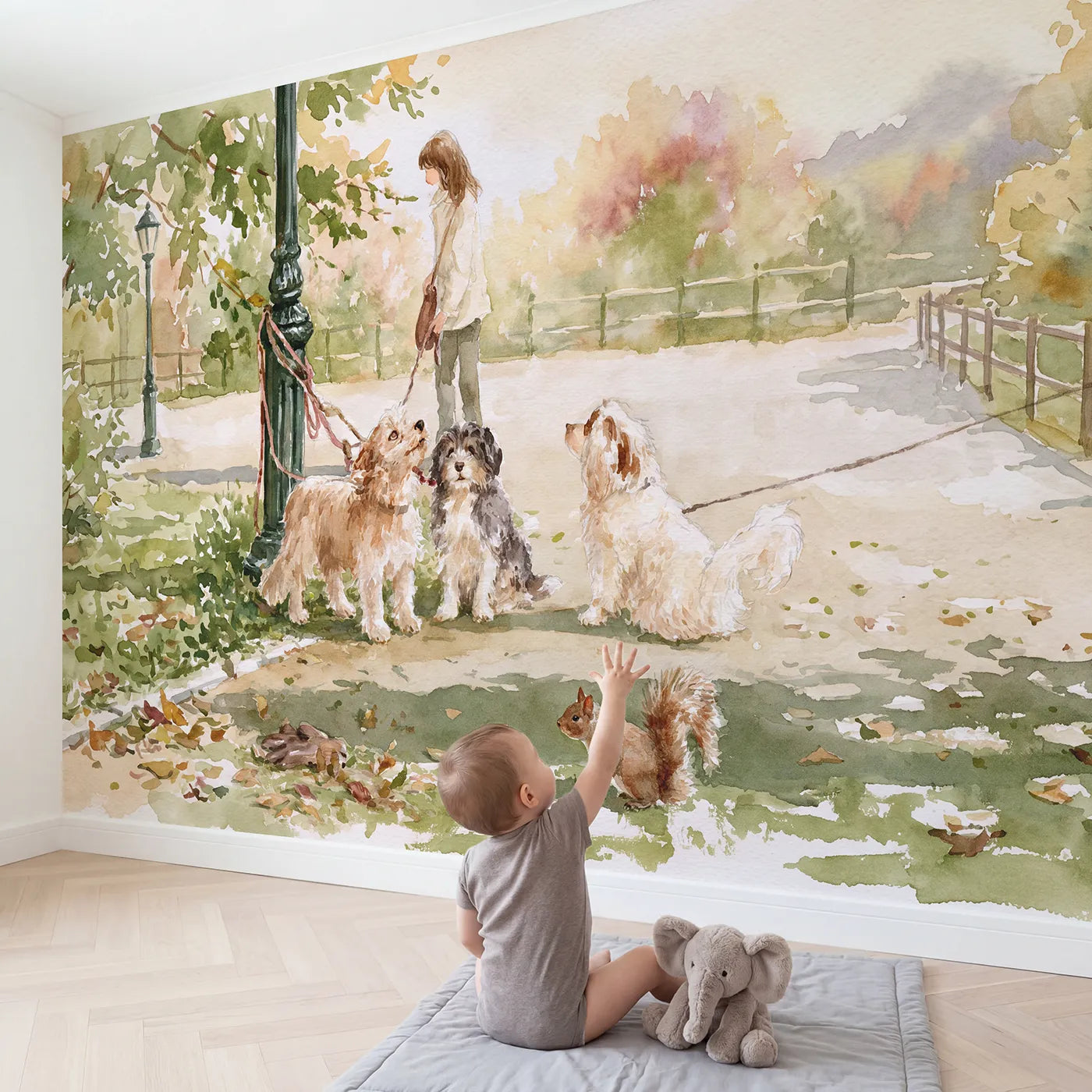 Child in nursery with The Great Lead Tangle Wallpaper Mural by Whimsy Tots