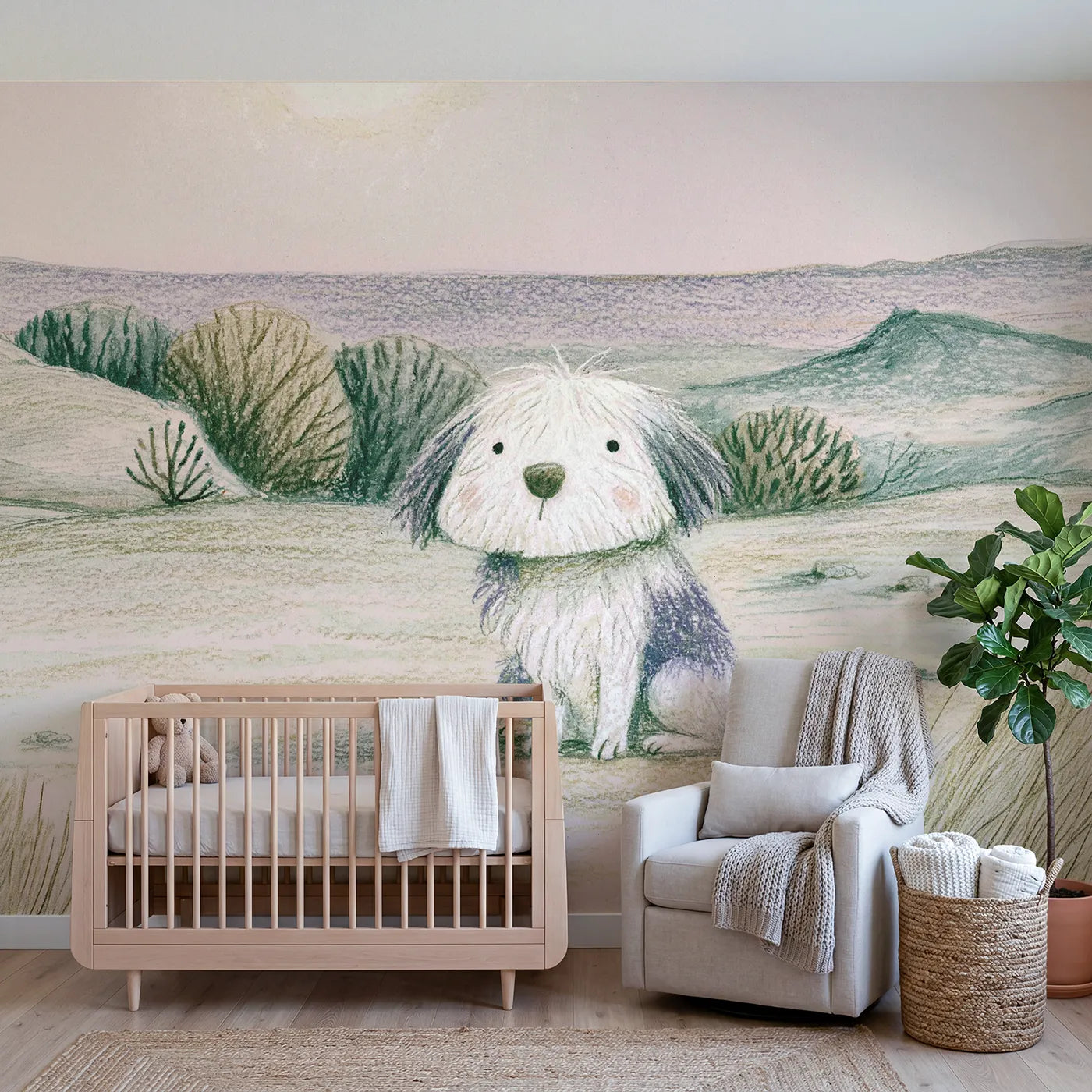 Colored-pencil wall mural of a soft pencil pup by Whimsy Tots
